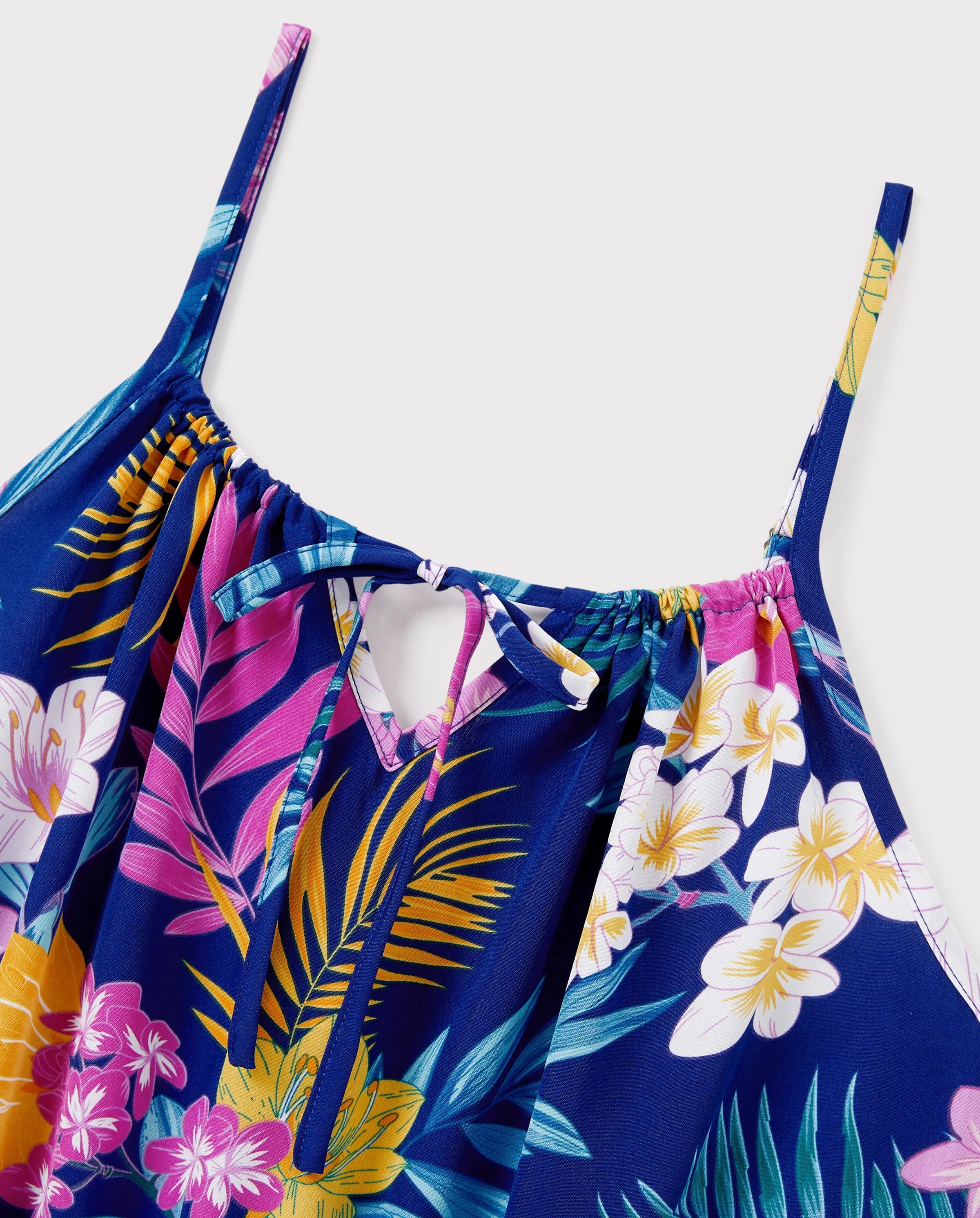 Matching Family Hawaiian Outfits Tropical Floral Print Strap Dress or Short-sleeve Shirts & Shorts Set Summer Beachwear Set for Vacation Deep Blue