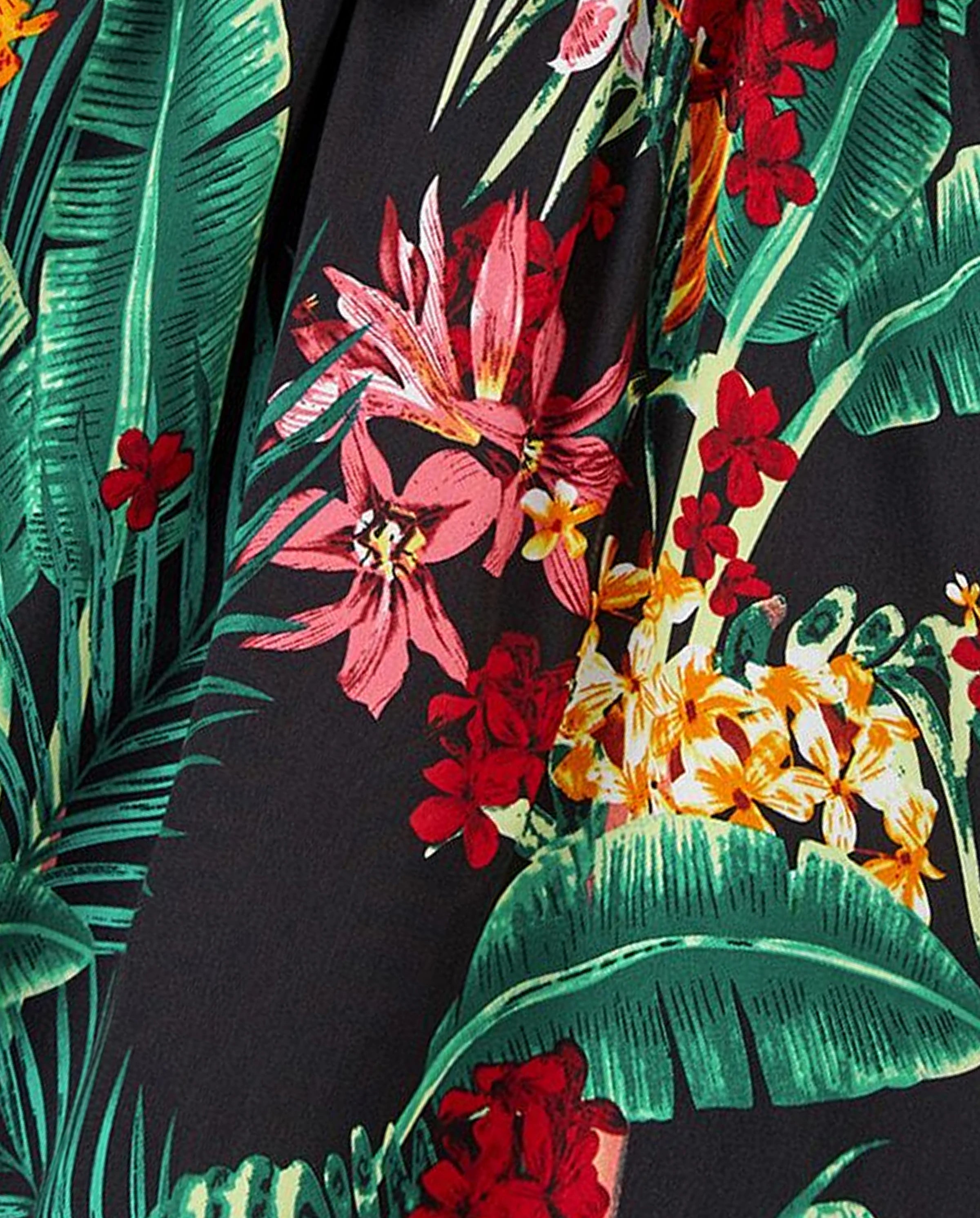 Family Matching Allover Plant Floral Print Halterneck Dresses and Short-sleeve Shirts Sets Black