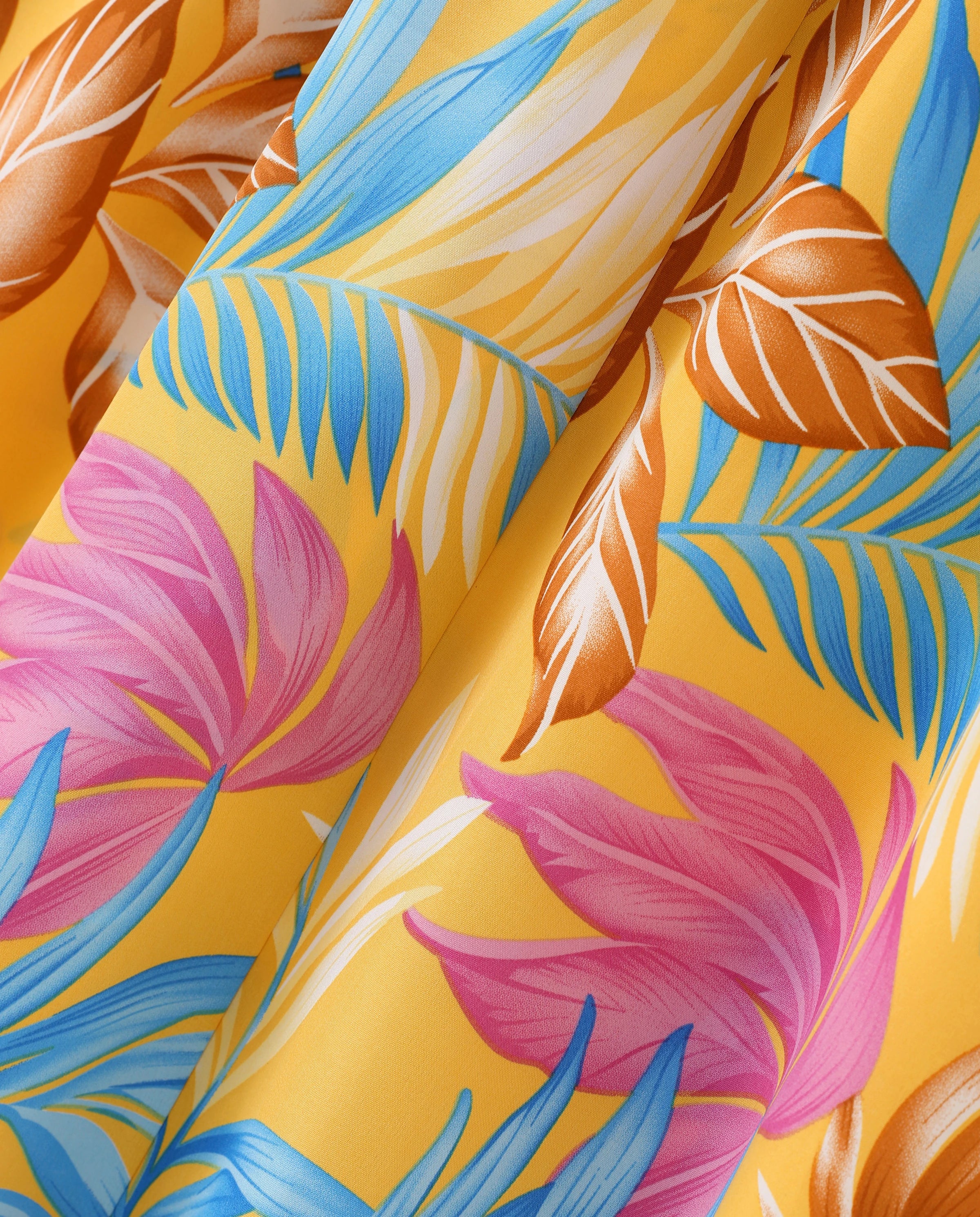 Family Matching Yellow Set Tropical Leaf Print Short-sleeve Shirt or Strap Dress Yellow