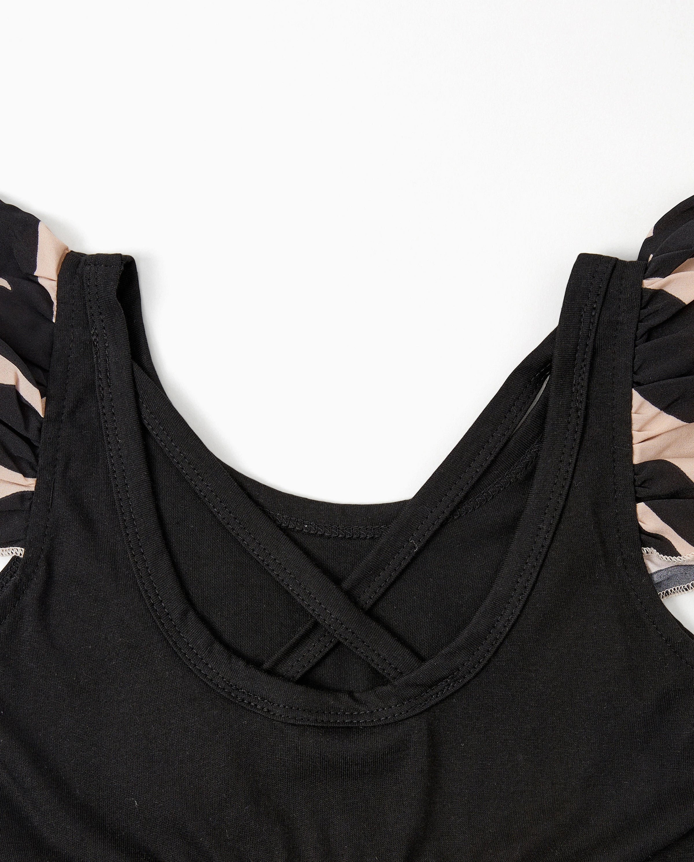 Family Matching Cross Back Floral Strap Dress and Colorblock Top Sets Black