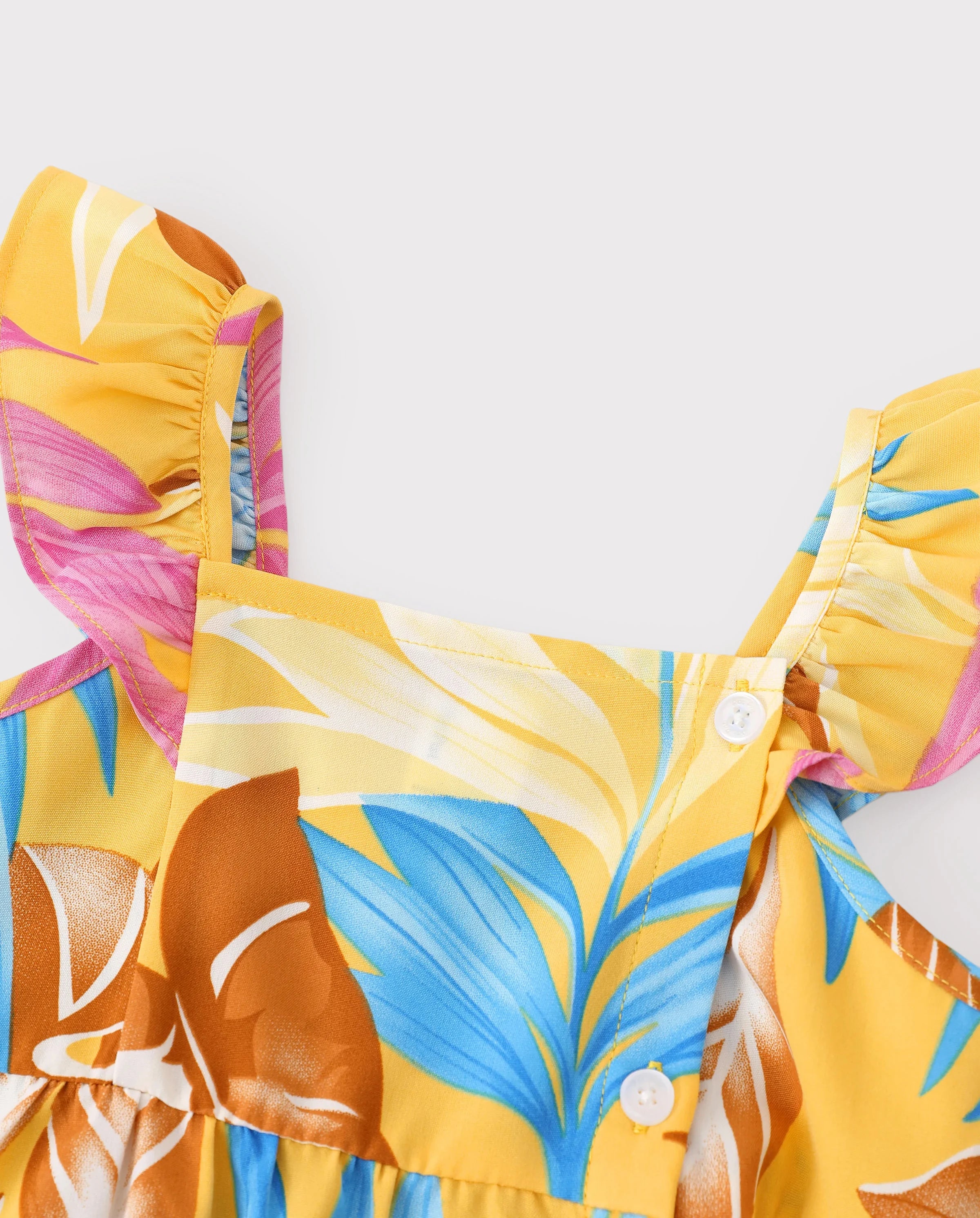 Family Matching Yellow Set Tropical Leaf Print Short-sleeve Shirt or Strap Dress Yellow