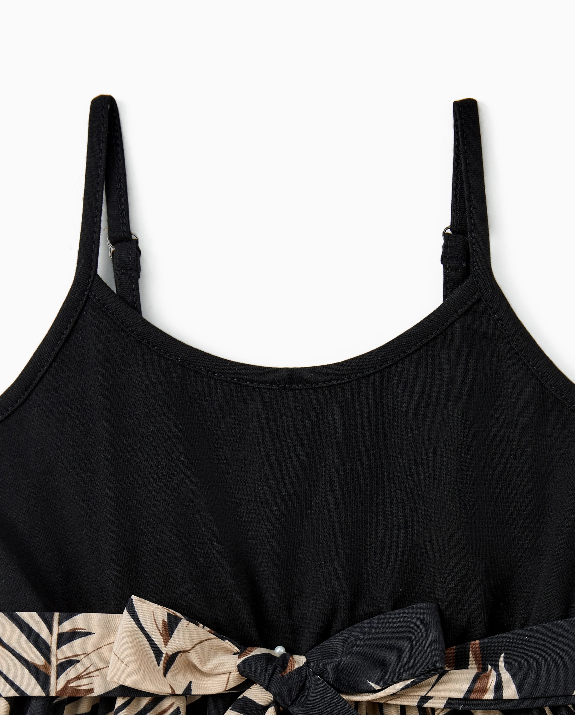 Family Matching Floral Print Belted Cami Dresses And Solid Short Sleeve Tops Sets Black