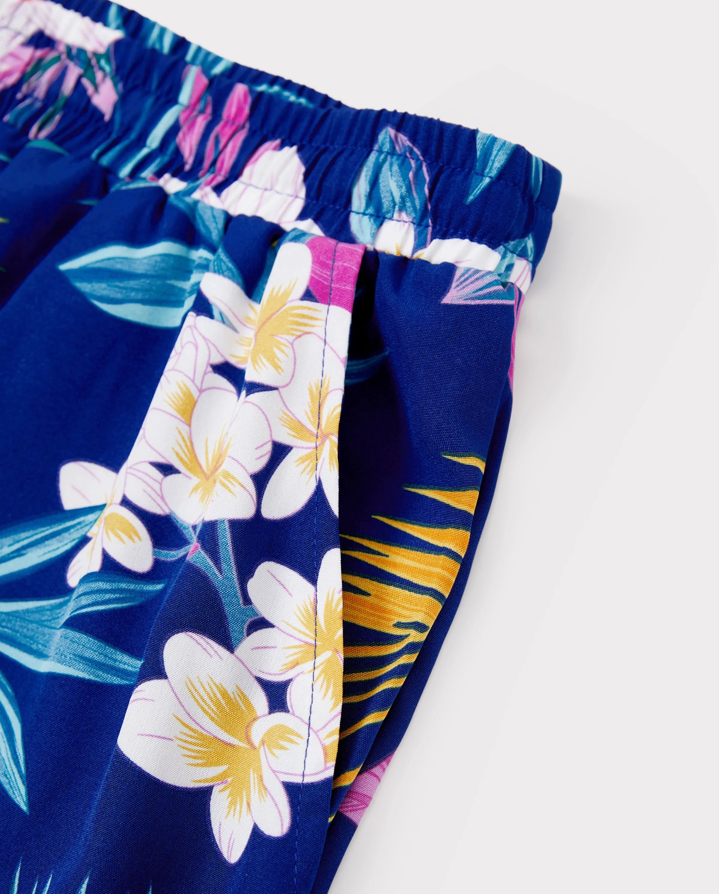 Matching Family Hawaiian Outfits Tropical Floral Print Strap Dress or Short-sleeve Shirts & Shorts Set Summer Beachwear Set for Vacation Deep Blue