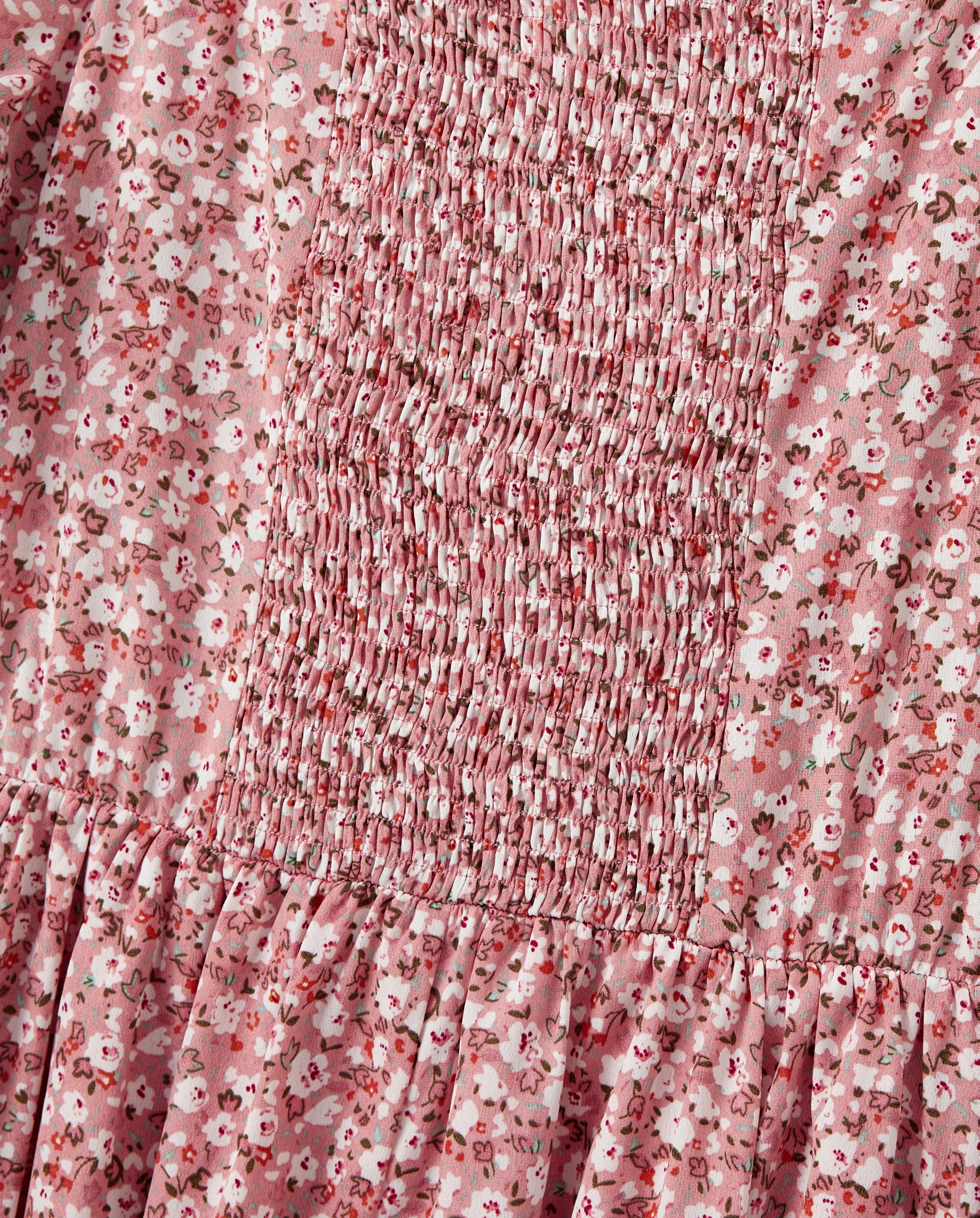 Family Matching Blue Cotton Colorblock Tee Shirt or Floral Print Smocking Puff-sleeve Dress Set  Pink