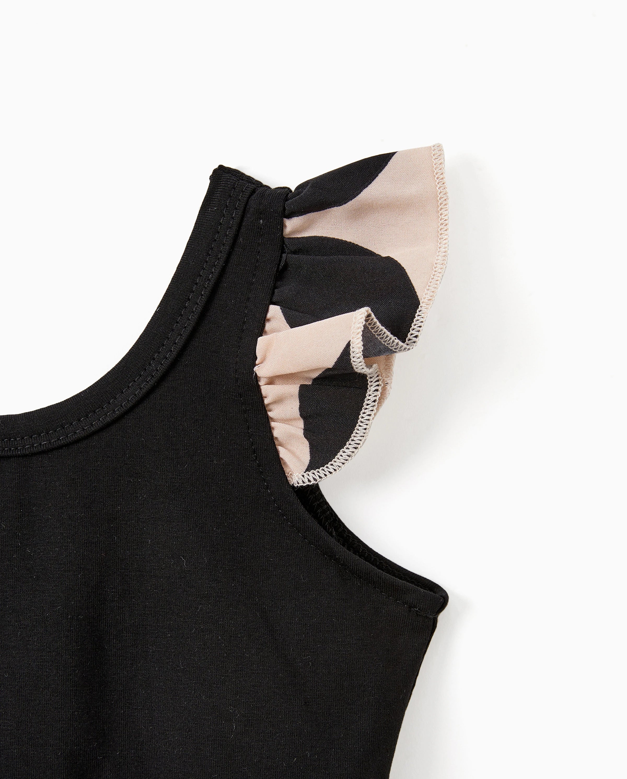 Family Matching Cross Back Floral Strap Dress and Colorblock Top Sets Black
