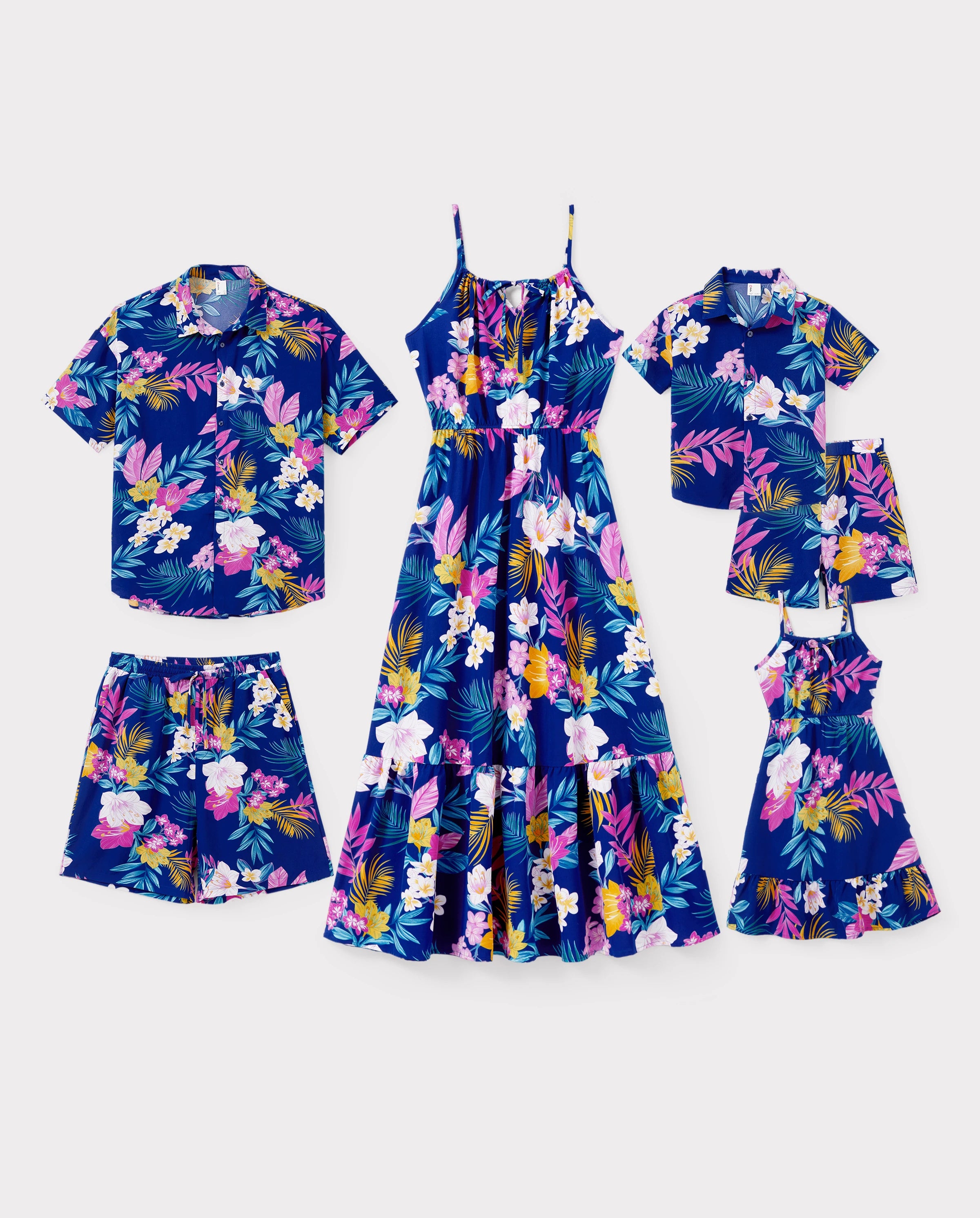 Matching Family Hawaiian Outfits Tropical Floral Print Strap Dress or Short-sleeve Shirts & Shorts Set Summer Beachwear Set for Vacation Deep Blue