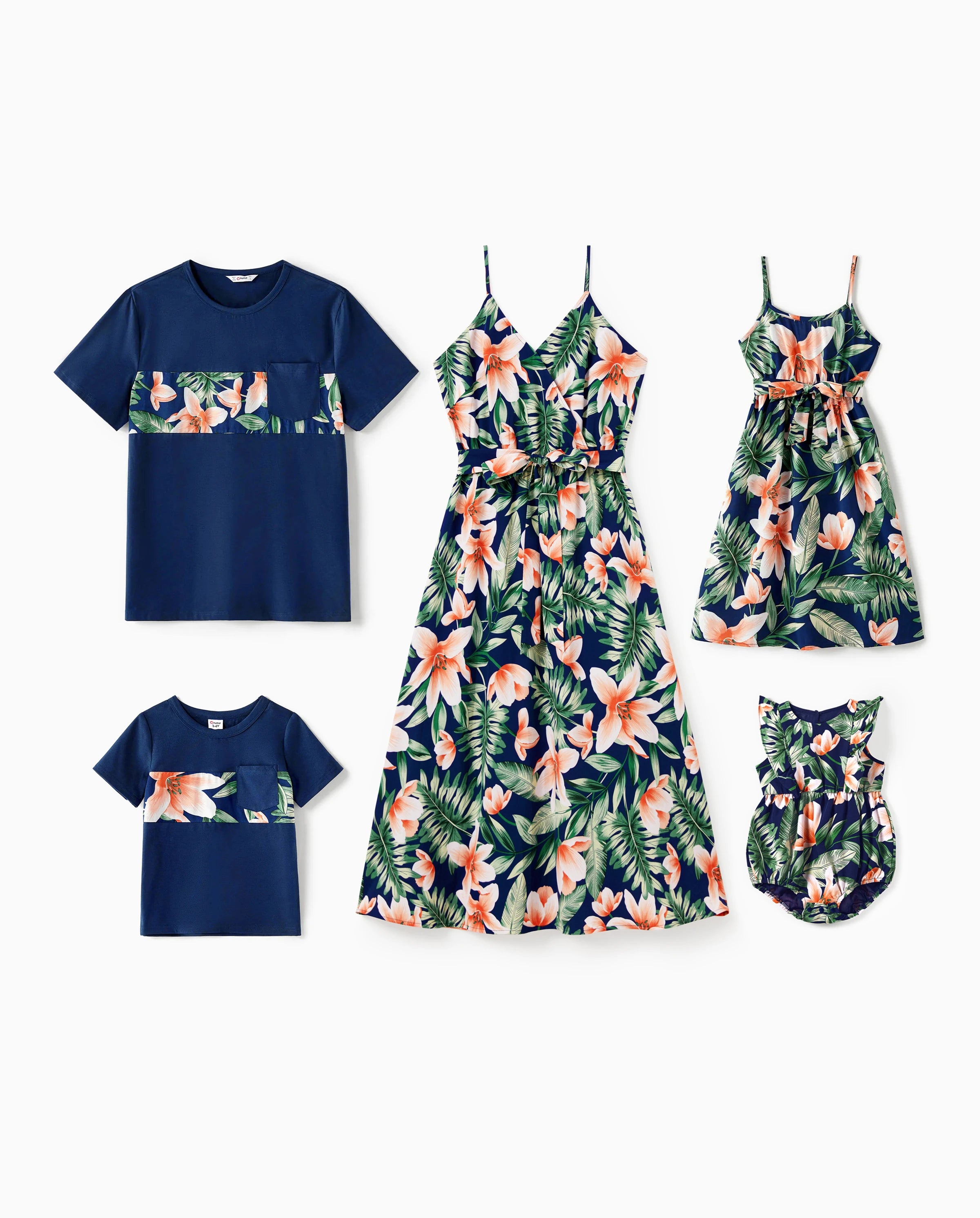 Family Matching Sets Floral Panel Short-sleeve T-shirts or All Over Floral Print V Neck Spaghetti Strap Midi Dresses with Hidden Snap royalblue
