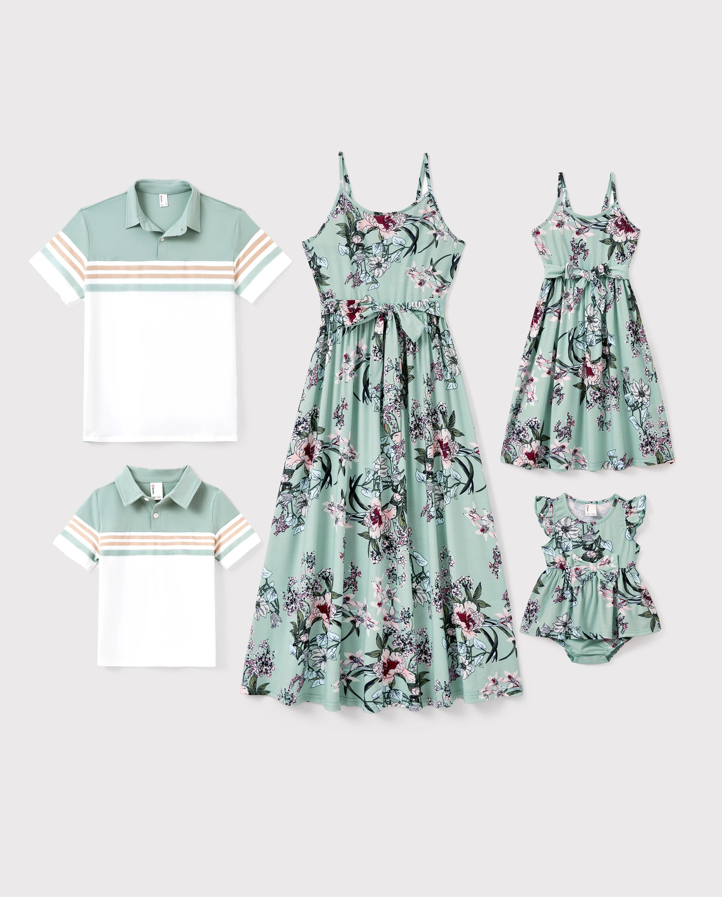 Family Matching Sets Green Striped Polo Shirt or Flora Print Strap Belted Dress Light Green