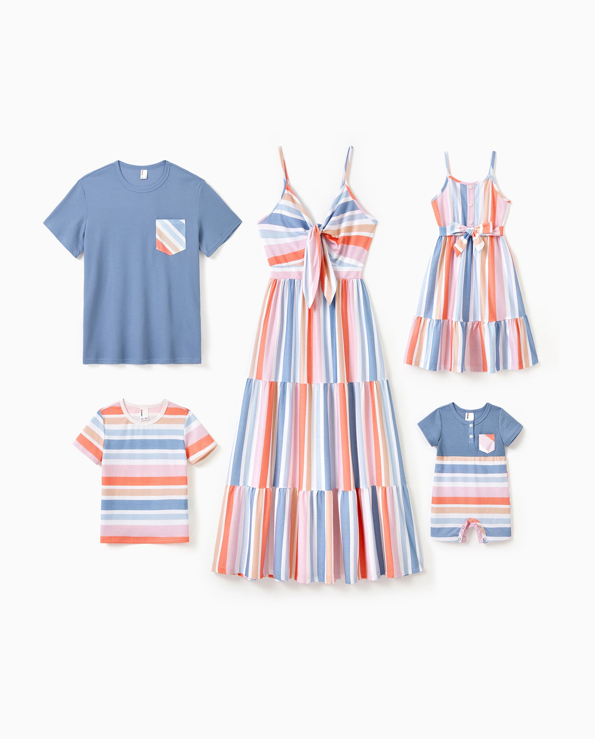 Family Matching Blue Short-sleeve Tee or Colorful Stripe Camisole Dress Multi-color