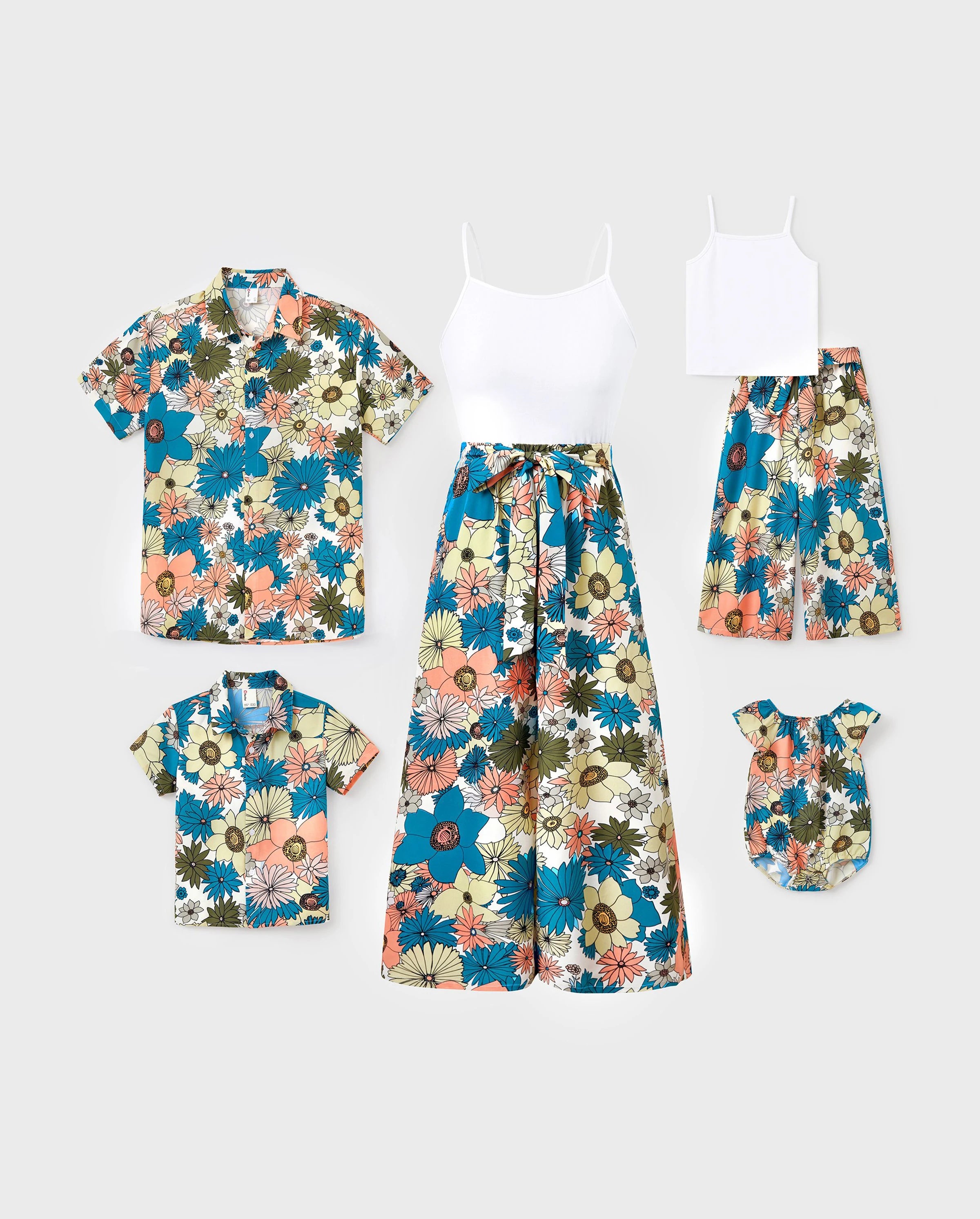 Family Matching Set Sun Flower Print Short-sleeve Collar Shirt or White Camisole Top and Flower Wide-leg Pants Set for Summer Vacation  Multi-color