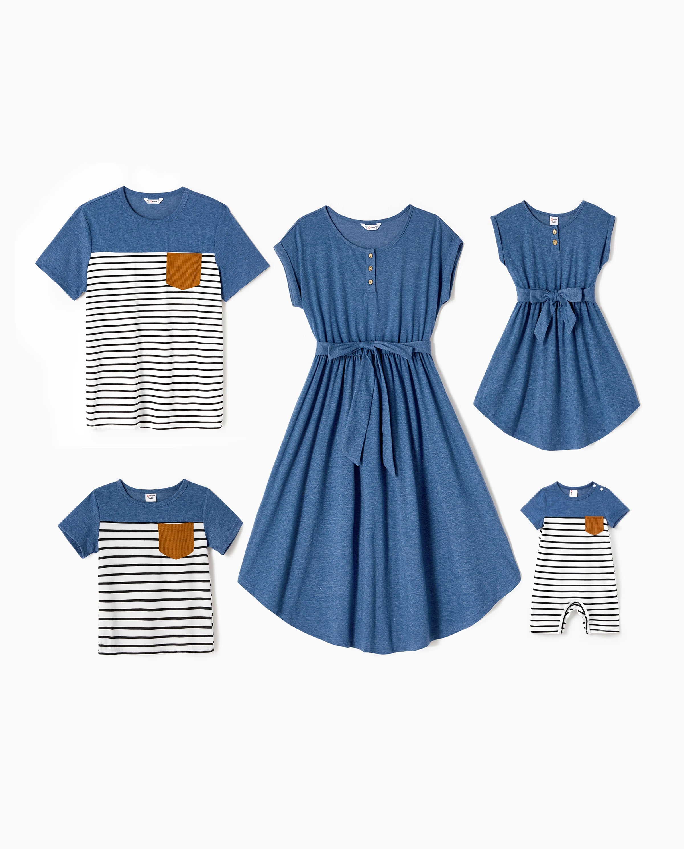 Family Matching Soft Casual Outfit with Below Knee Dresses, Front Buttons, Belted Design Blue