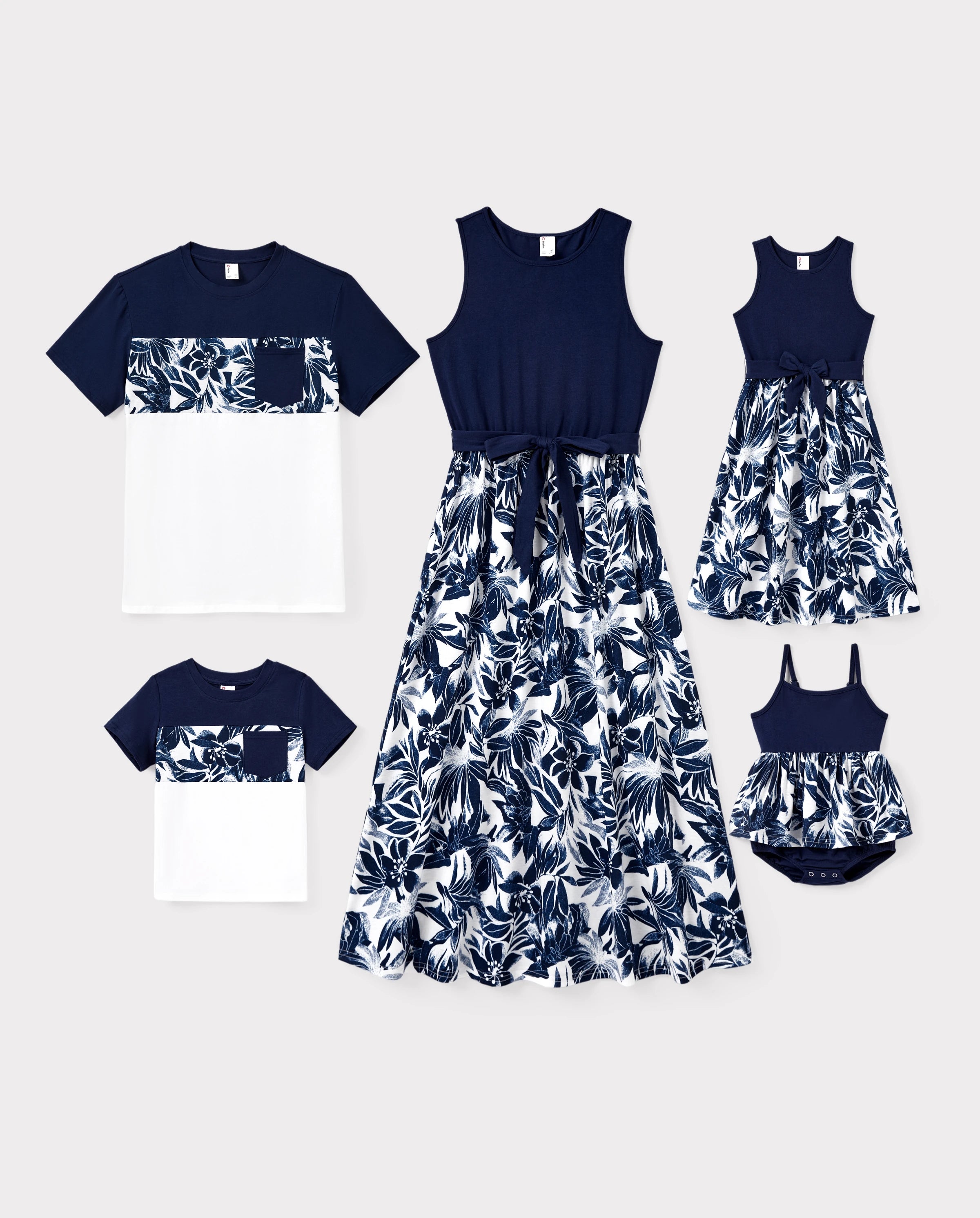 Family Matching Cotton Tee Flora Print Splicing Shirt or Tank Dress Deep Blue