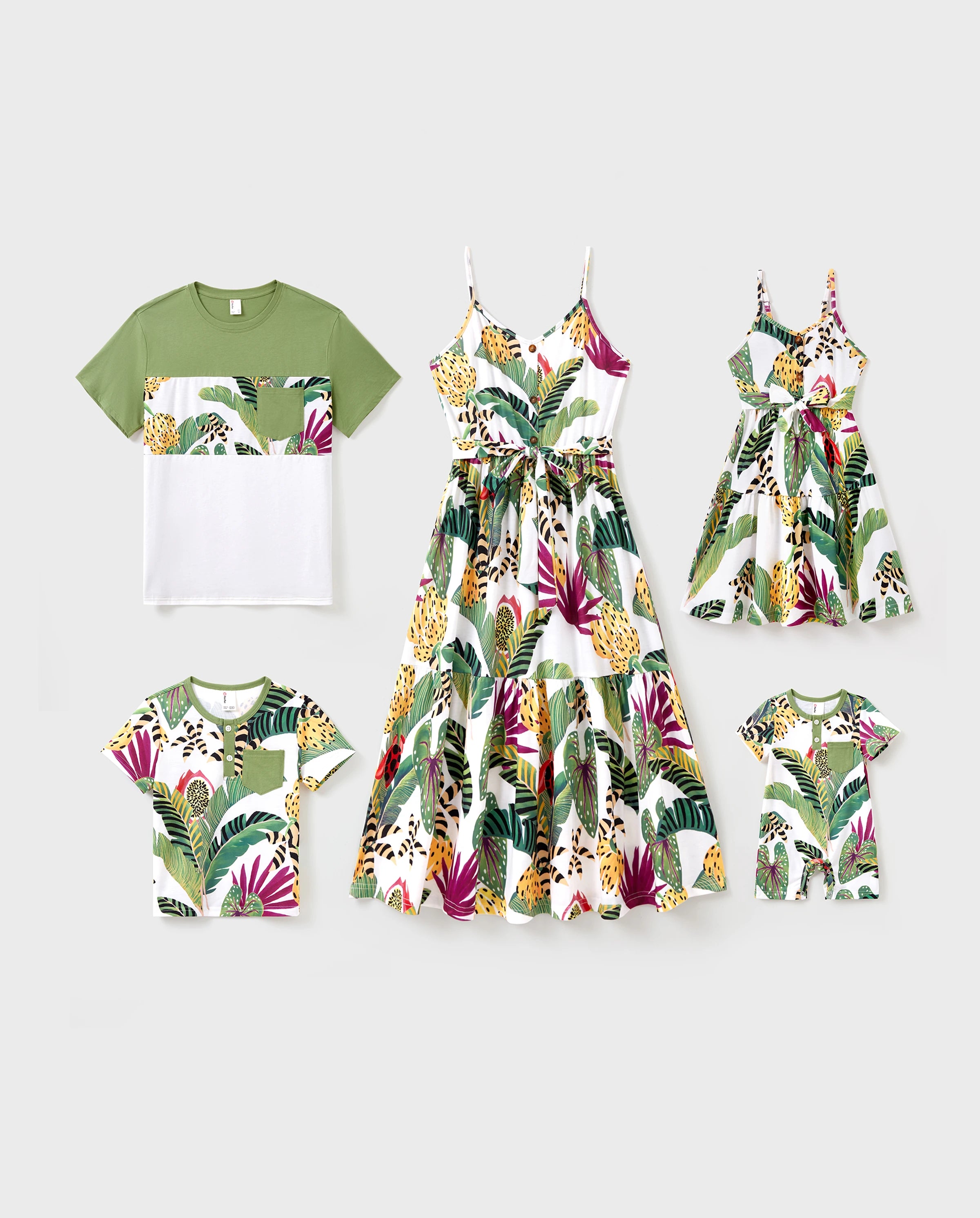 Family Matching Tropical Floral Print Short-sleeve Top or Camisole Dress Set Multi-color