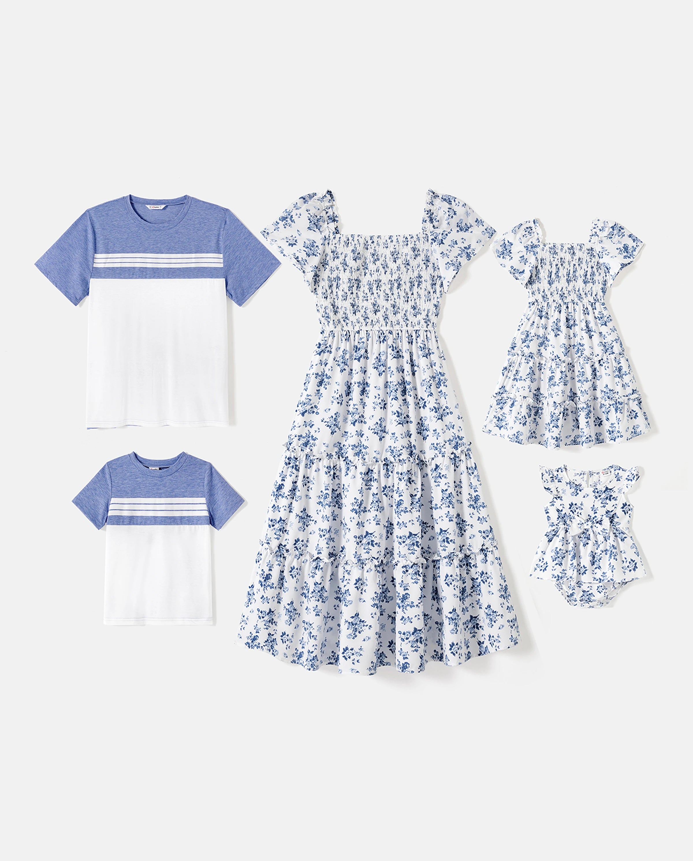 Family Matching Outfit: Floral Smocking Casual Suit BLUEWHITE