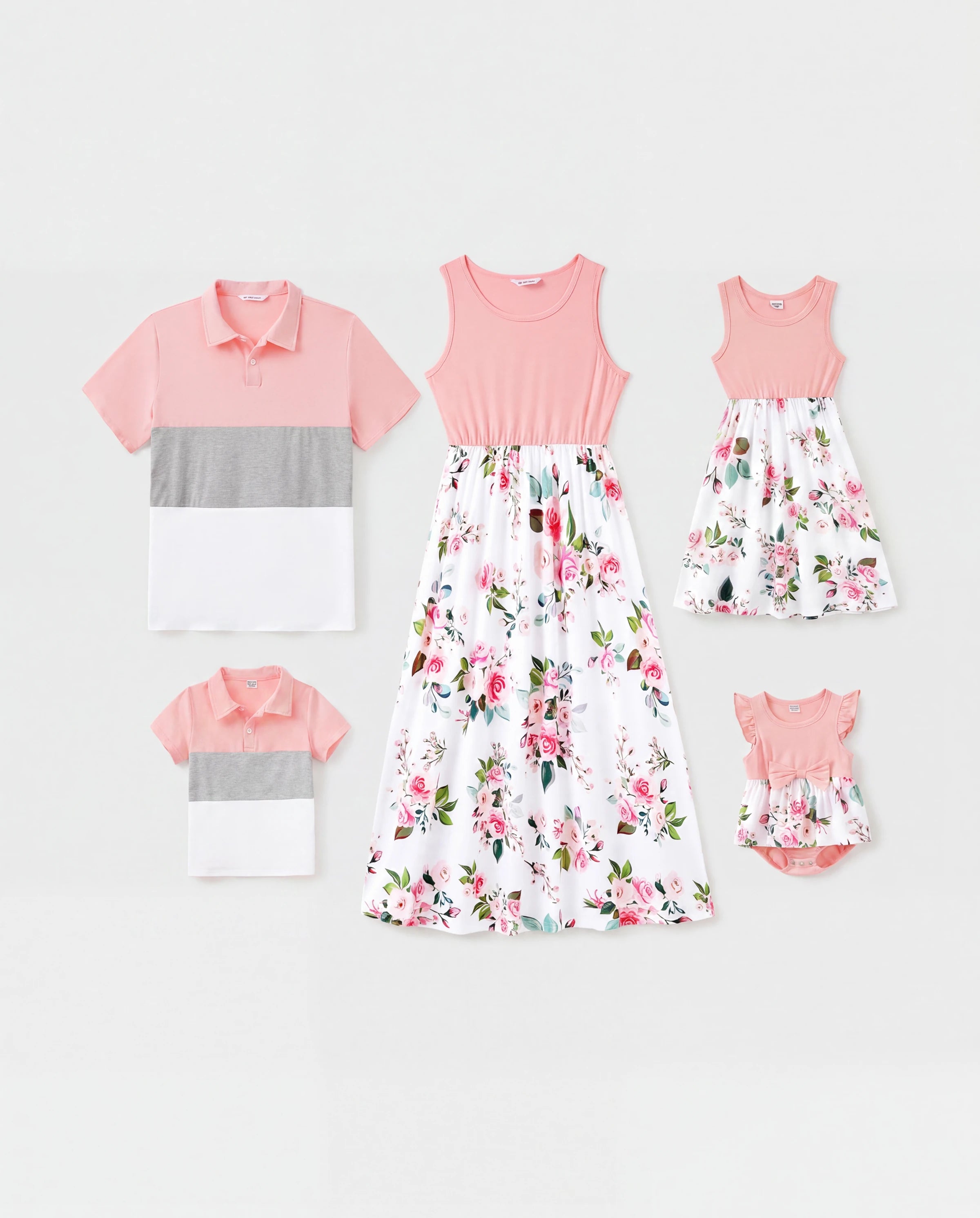Family Matching Pink Sleeveless Splicing Floral Print Midi Dresses and Colorblock Short-sleeve Polo Shirts Sets Pink
