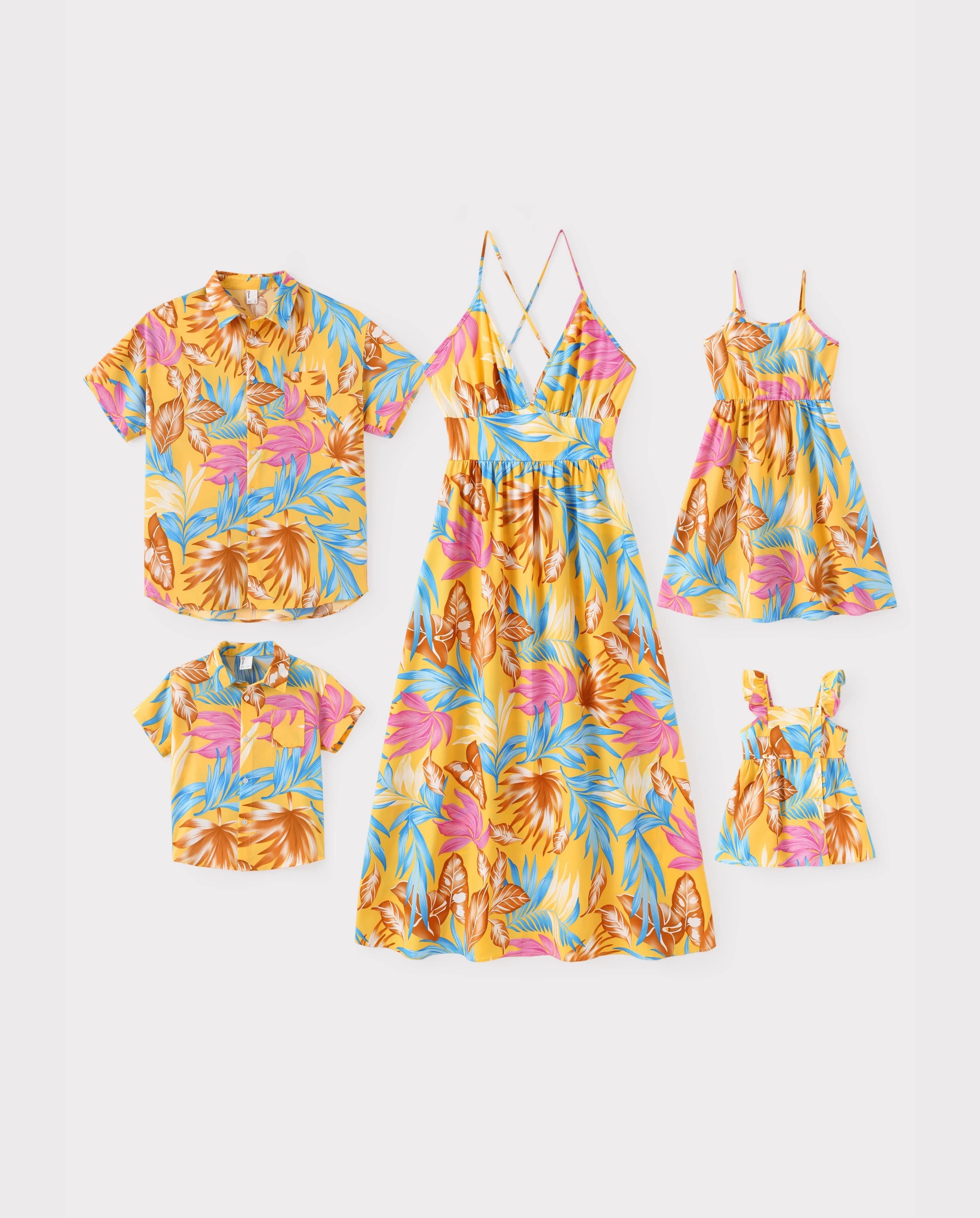 Family Matching Yellow Set Tropical Leaf Print Short-sleeve Shirt or Strap Dress Yellow