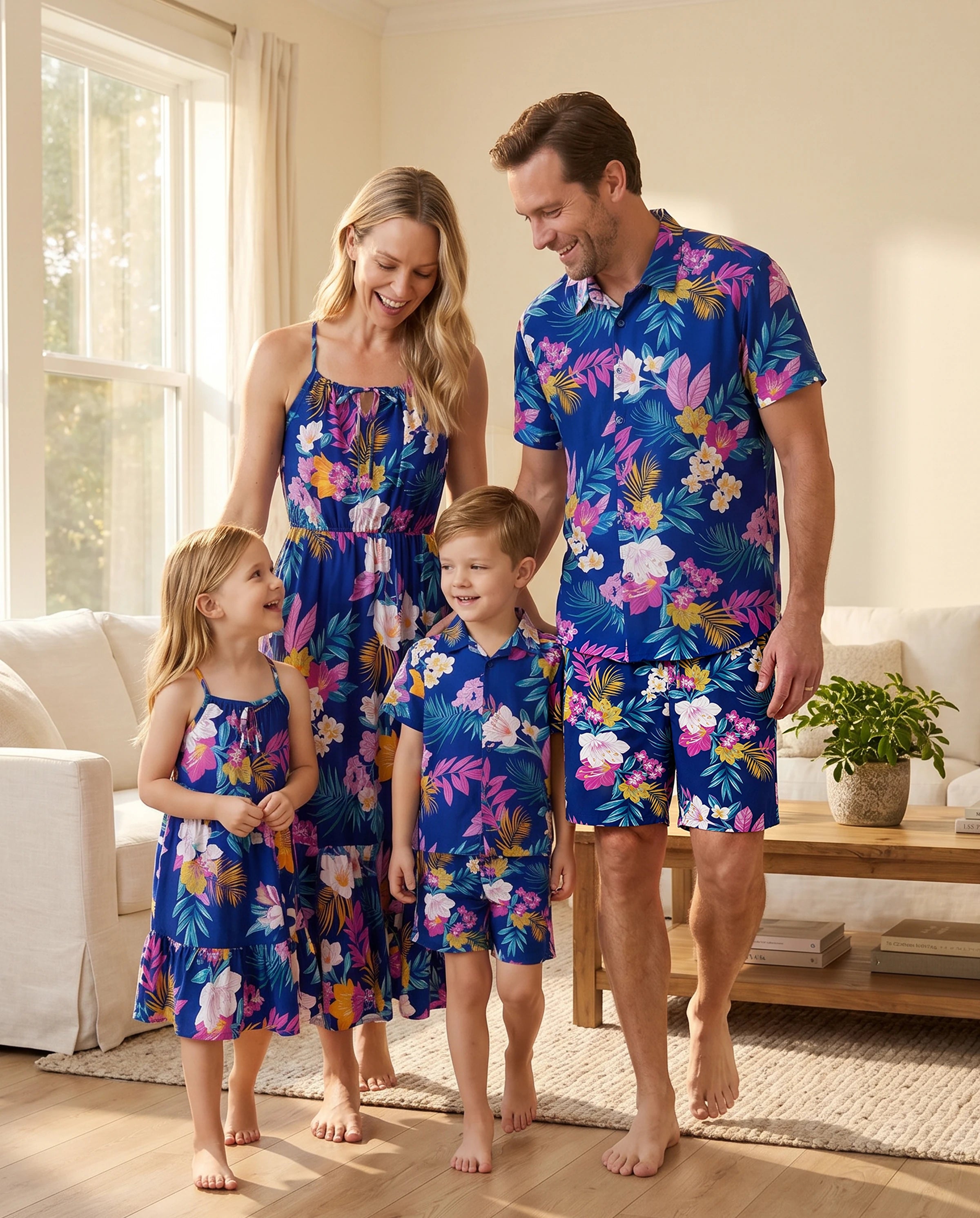 Matching Family Hawaiian Outfits Tropical Floral Print Strap Dress or Short-sleeve Shirts & Shorts Set Summer Beachwear Set for Vacation Deep Blue