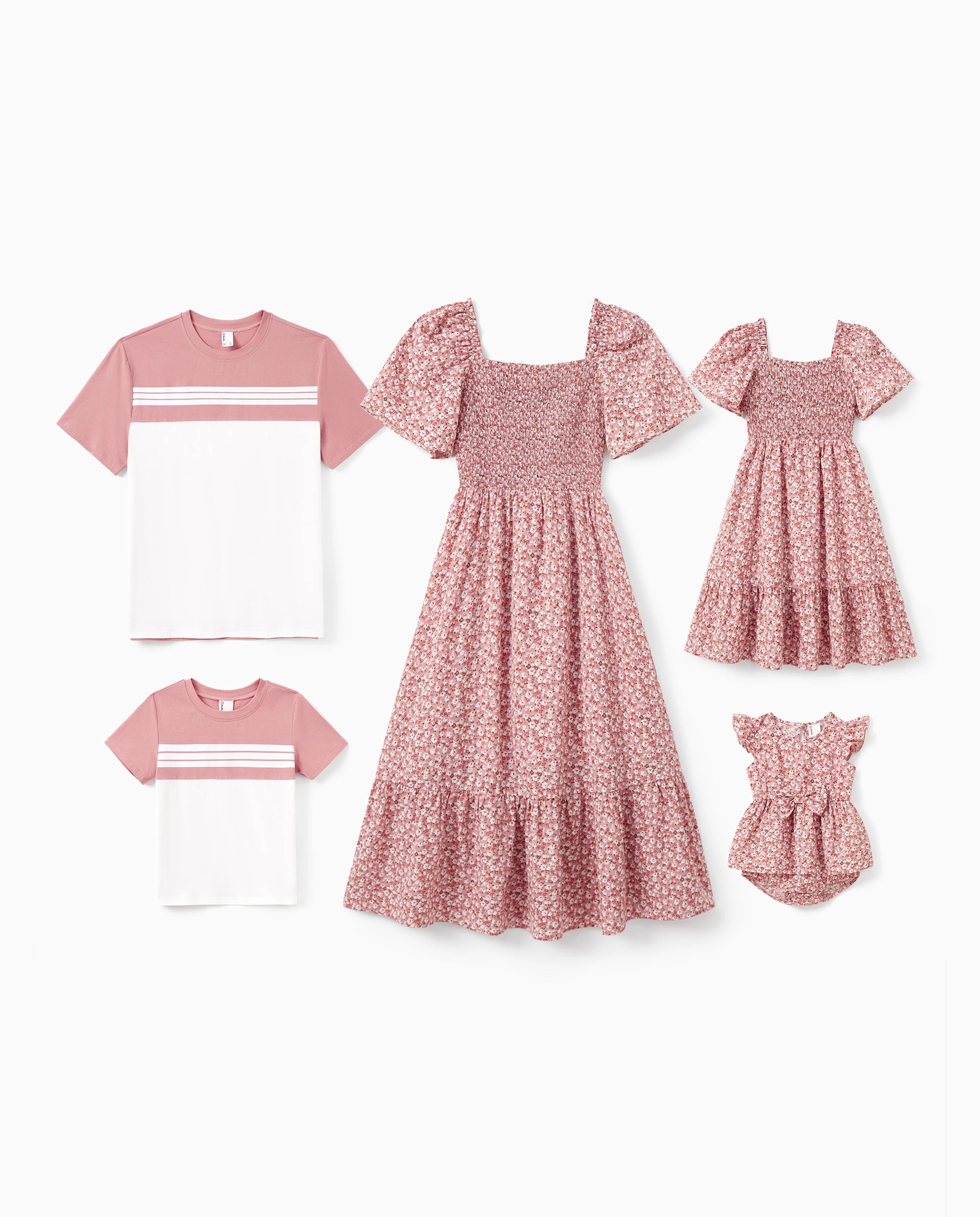 Family Matching Blue Cotton Colorblock Tee Shirt or Floral Print Smocking Puff-sleeve Dress Set  Pink