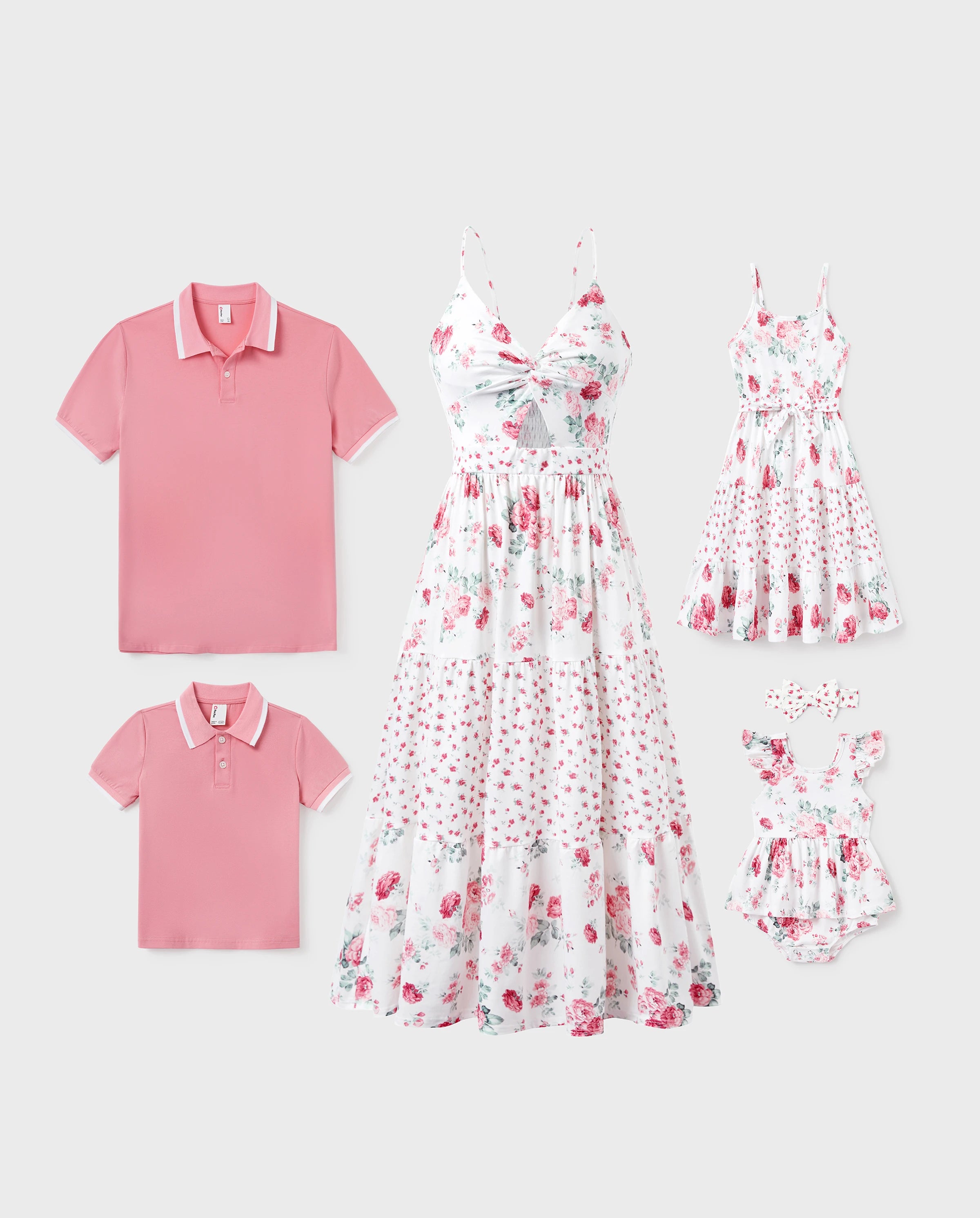 Family Matching Outfits Set Solid Color Short-sleeve Polo Collar Shirt or Flower Print Hollow out Dress  Pink