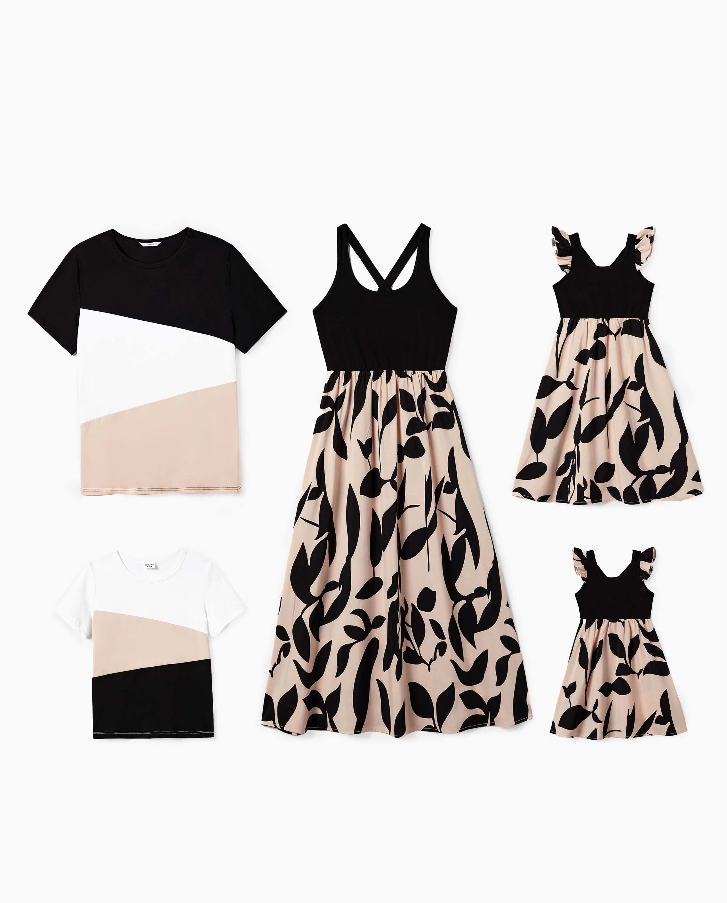 Family Matching Cross Back Floral Strap Dress and Colorblock Top Sets Black