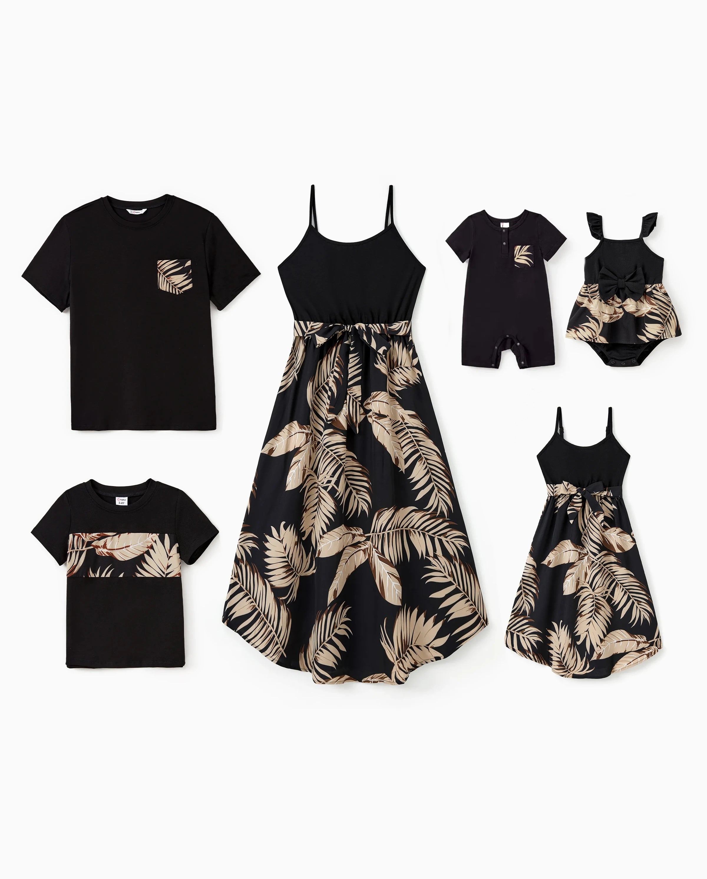 Family Matching Floral Print Belted Cami Dresses And Solid Short Sleeve Tops Sets Black