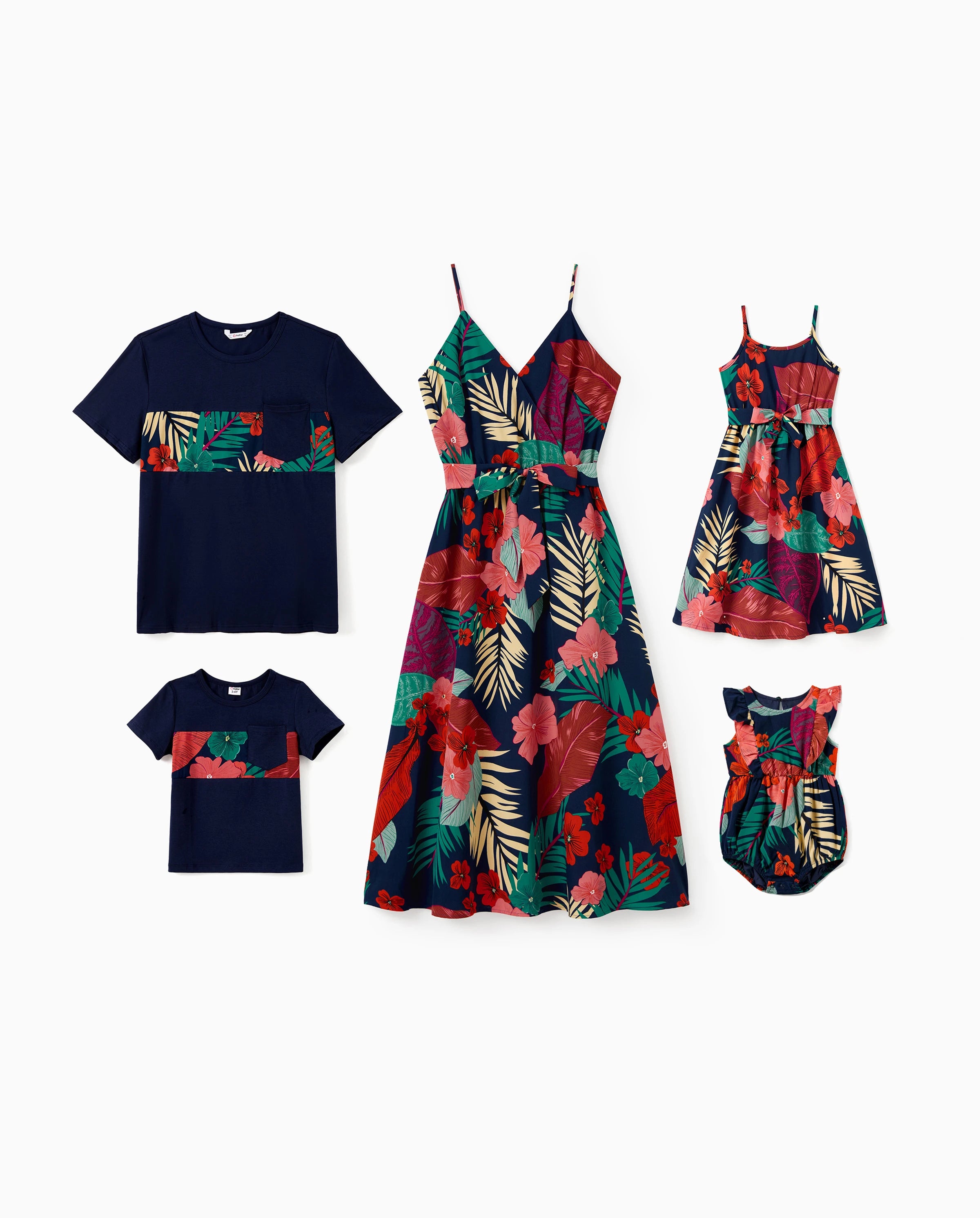 Family Matching Sets Floral Panel Black tee and V-neck Strap Dress with Hidden Snap Deep Blue