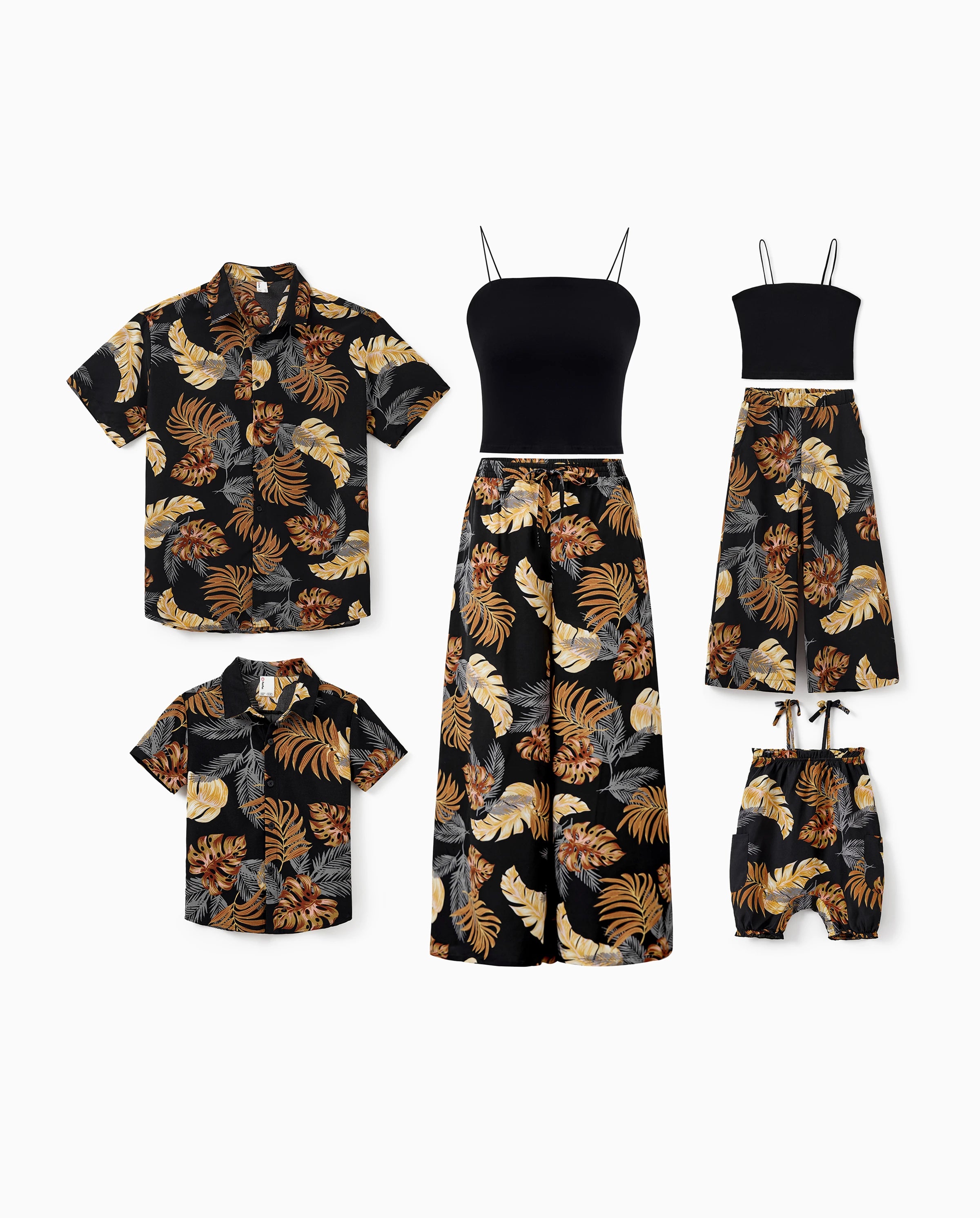 Family Matching Floral Print Beach Wear Short-sleeve Shirt or Camisole top and Wide-Leg Pants Set for Summer Vacation Family Looks Black+White