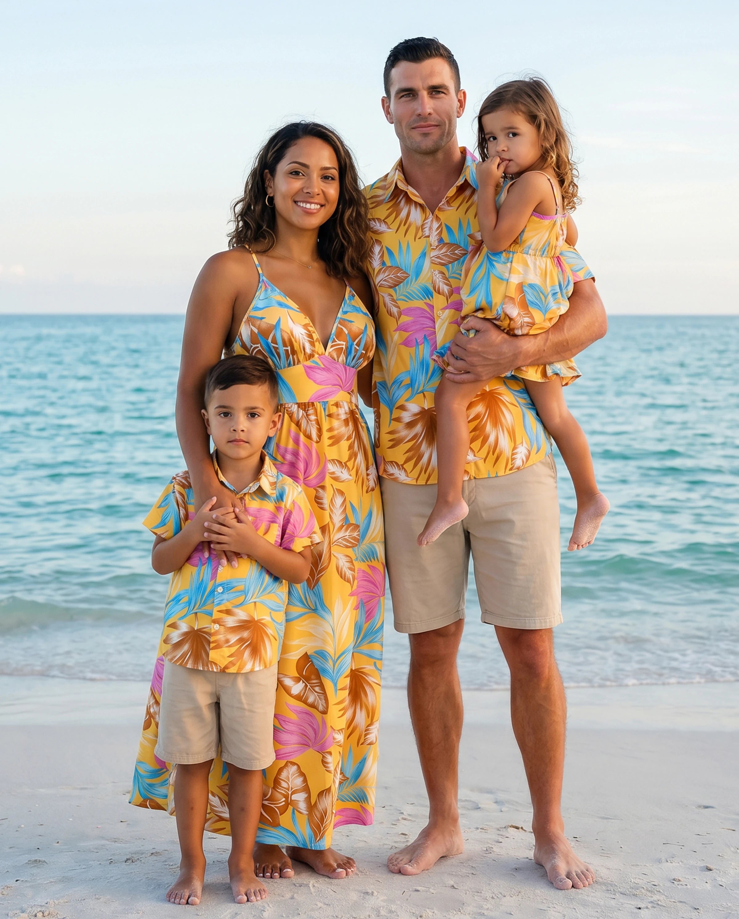 Family Matching Yellow Set Tropical Leaf Print Short-sleeve Shirt or Strap Dress Yellow