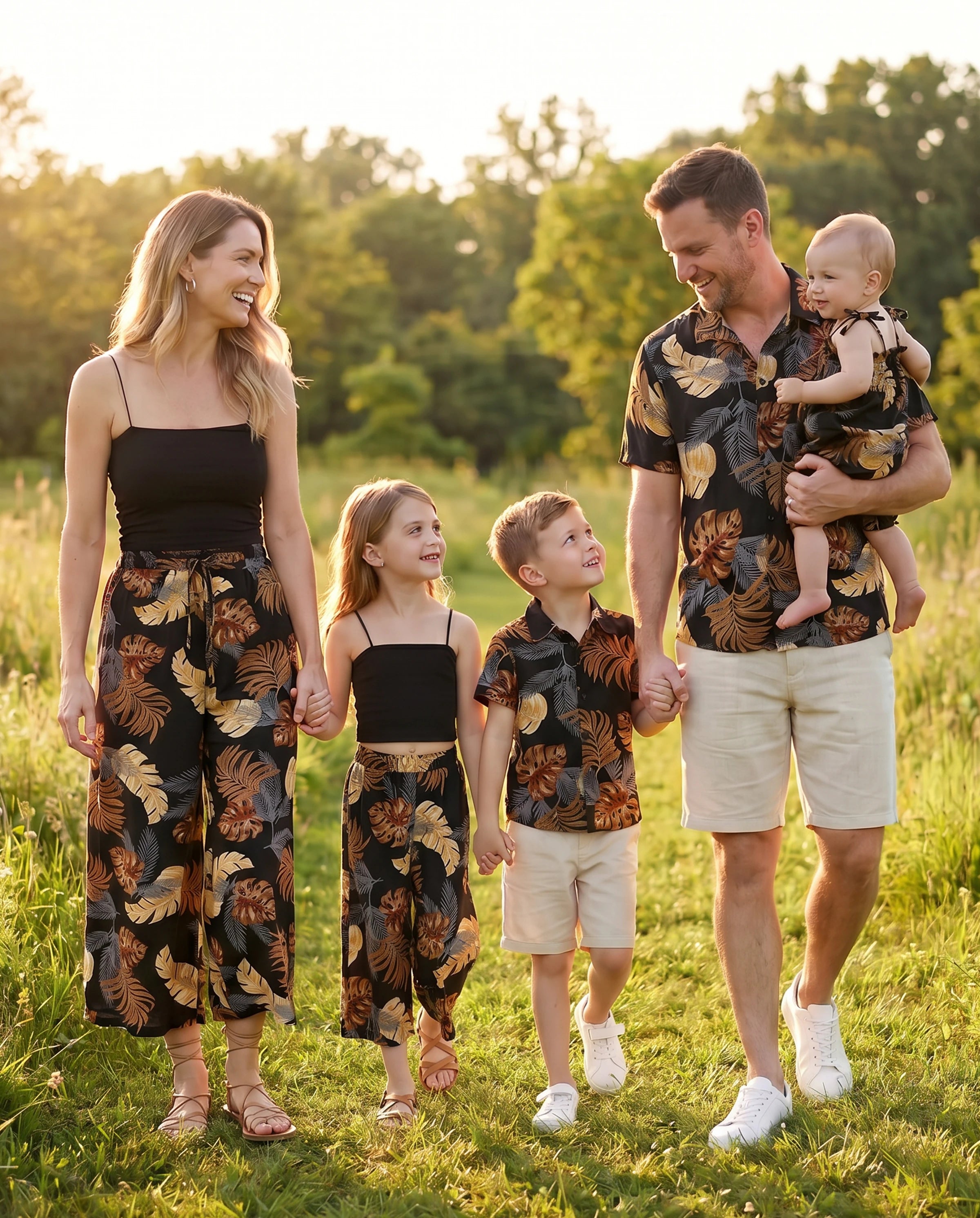 Family Matching Floral Print Beach Wear Short-sleeve Shirt or Camisole top and Wide-Leg Pants Set for Summer Vacation Family Looks Black+White