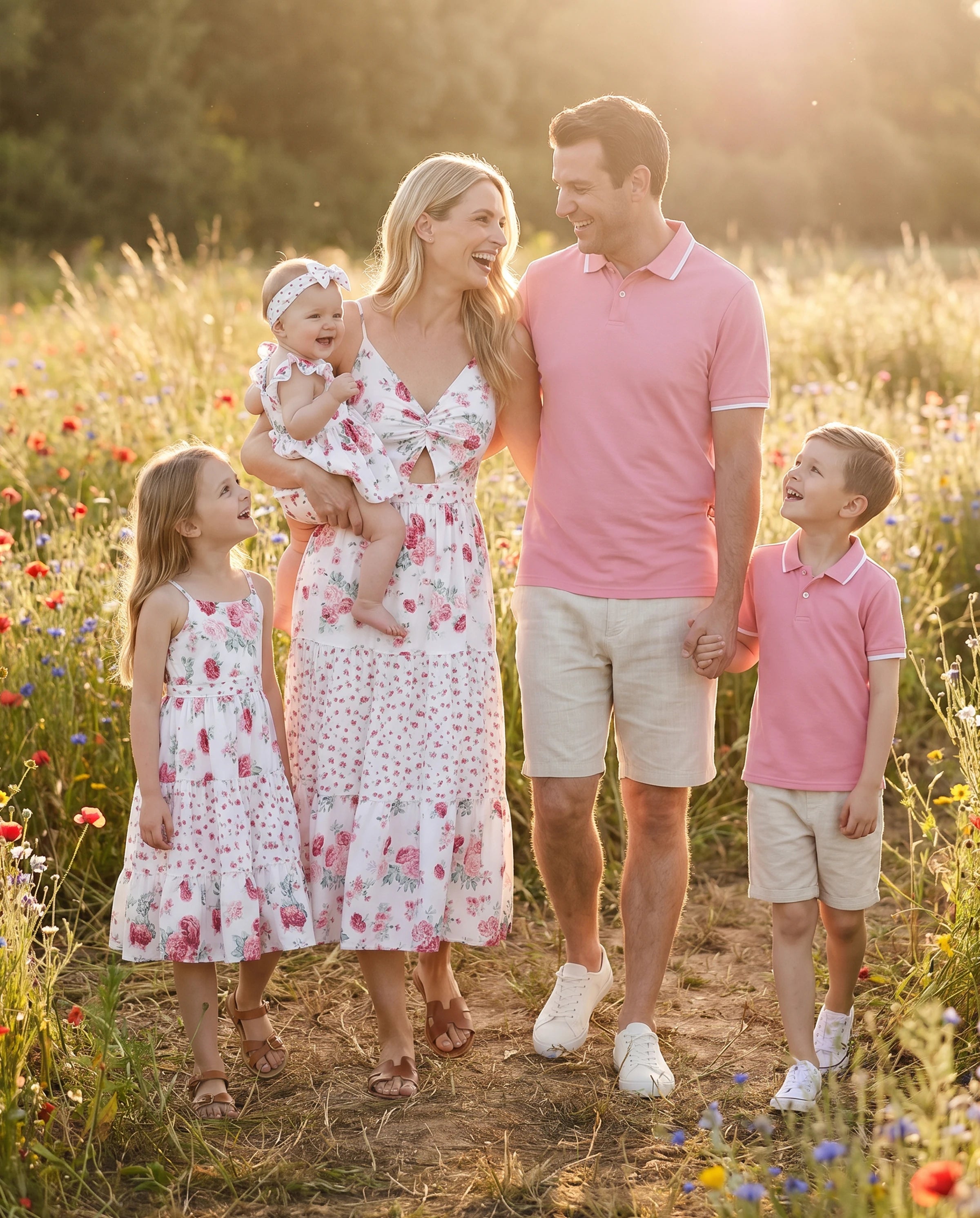 Family Matching Outfits Set Solid Color Short-sleeve Polo Collar Shirt or Flower Print Hollow out Dress  Pink