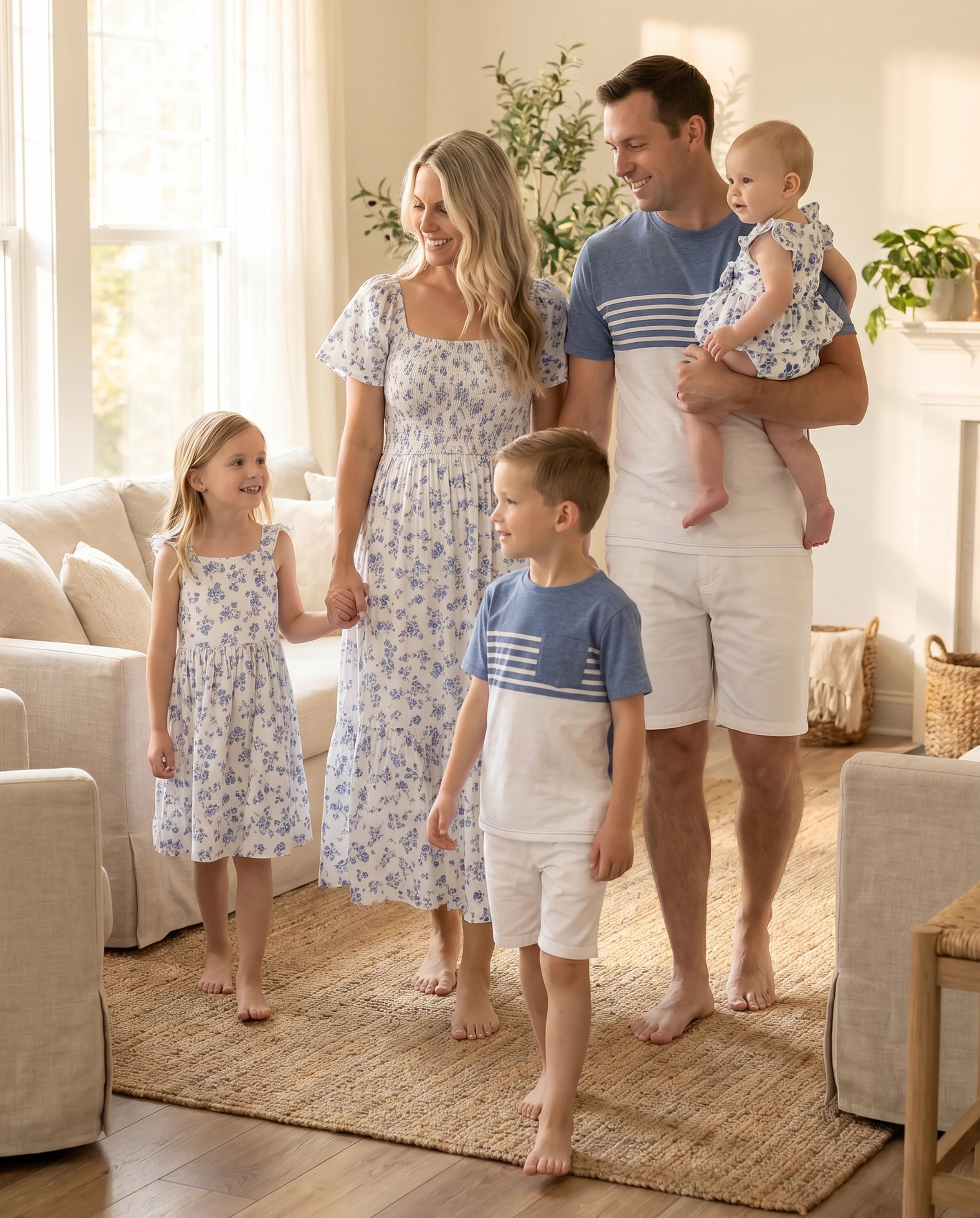 Family Matching Outfit: Floral Smocking Casual Suit BLUEWHITE