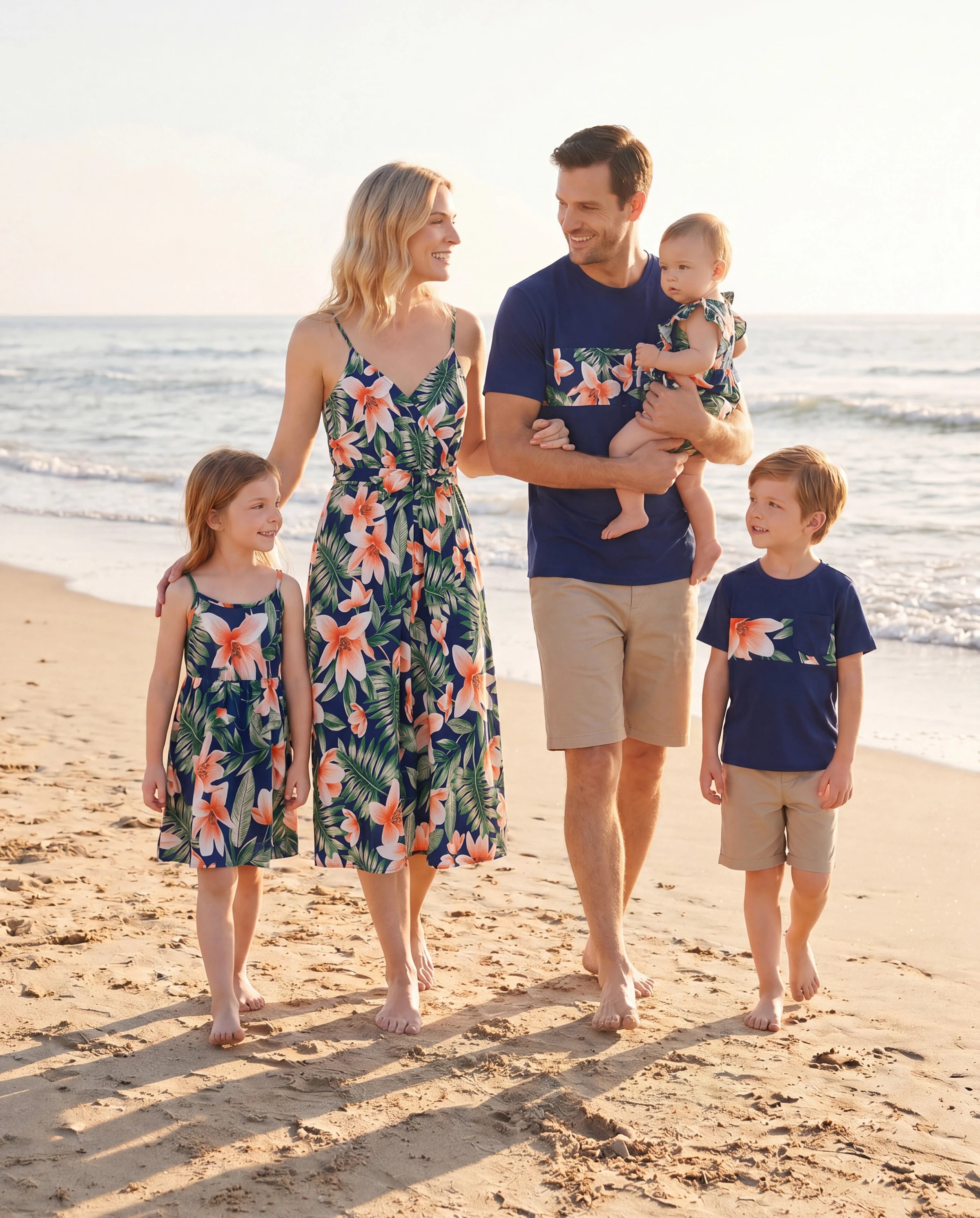 Family Matching Sets Floral Panel Short-sleeve T-shirts or All Over Floral Print V Neck Spaghetti Strap Midi Dresses with Hidden Snap royalblue