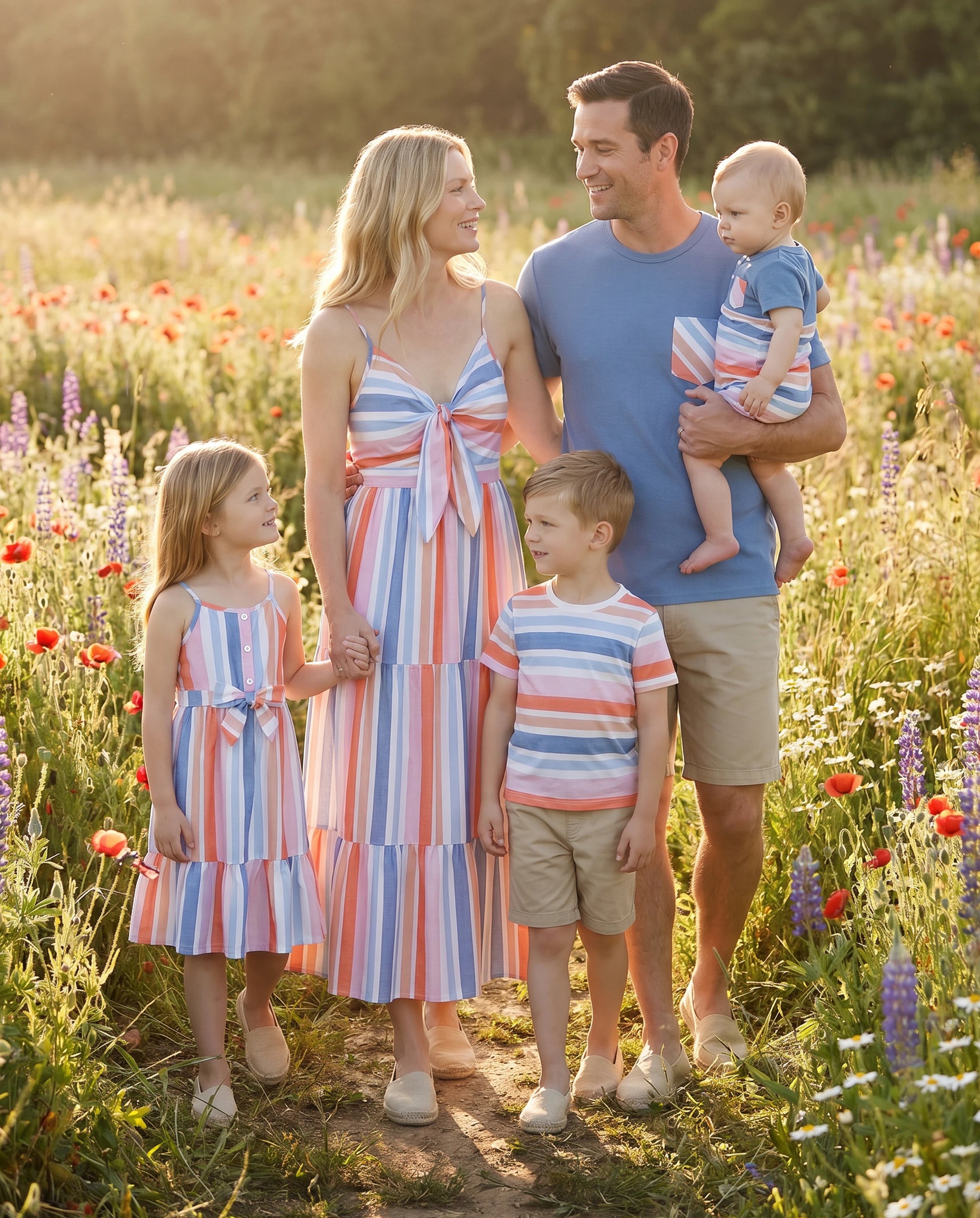 Family Matching Blue Short-sleeve Tee or Colorful Stripe Camisole Dress Multi-color