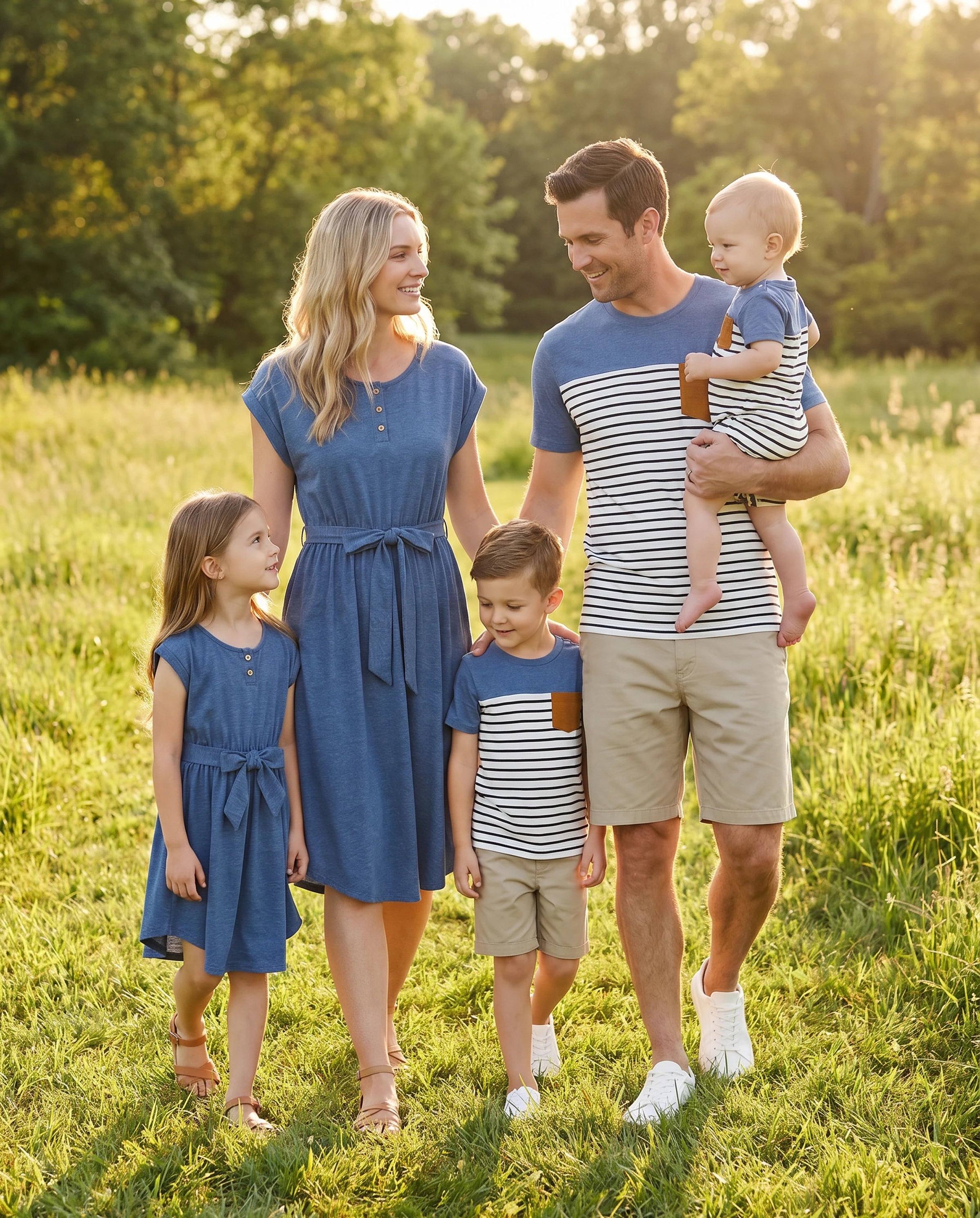 Family Matching Soft Casual Outfit with Below Knee Dresses, Front Buttons, Belted Design Blue