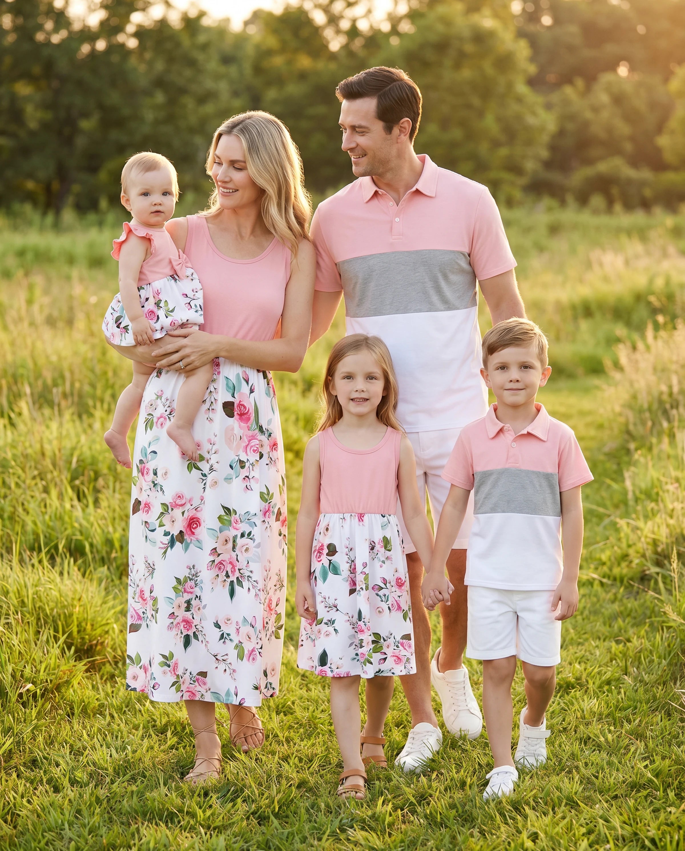 Family Matching Pink Sleeveless Splicing Floral Print Midi Dresses and Colorblock Short-sleeve Polo Shirts Sets Pink