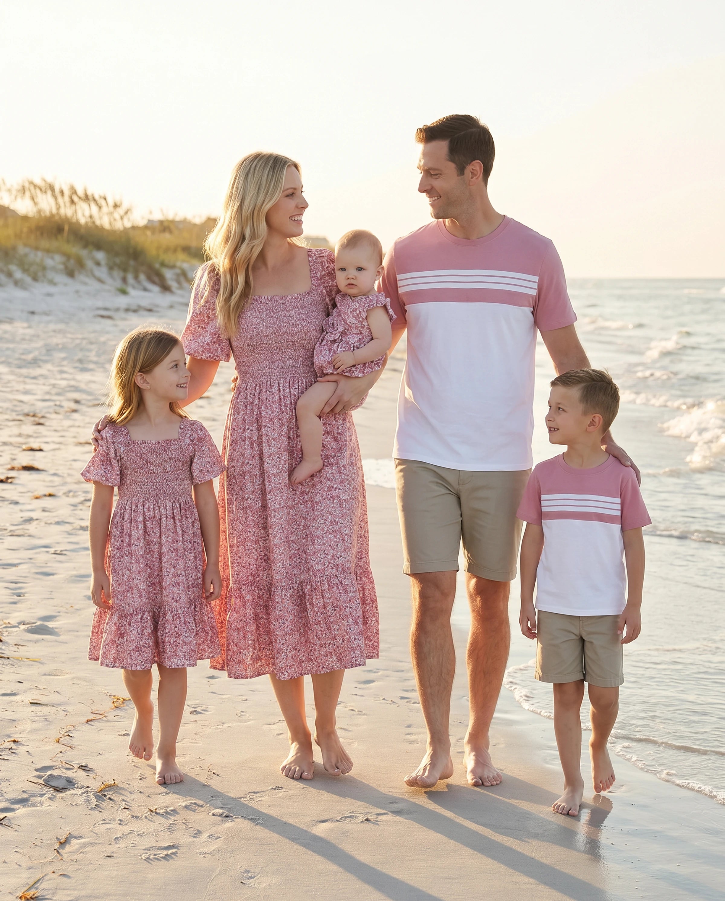Family Matching Blue Cotton Colorblock Tee Shirt or Floral Print Smocking Puff-sleeve Dress Set  Pink