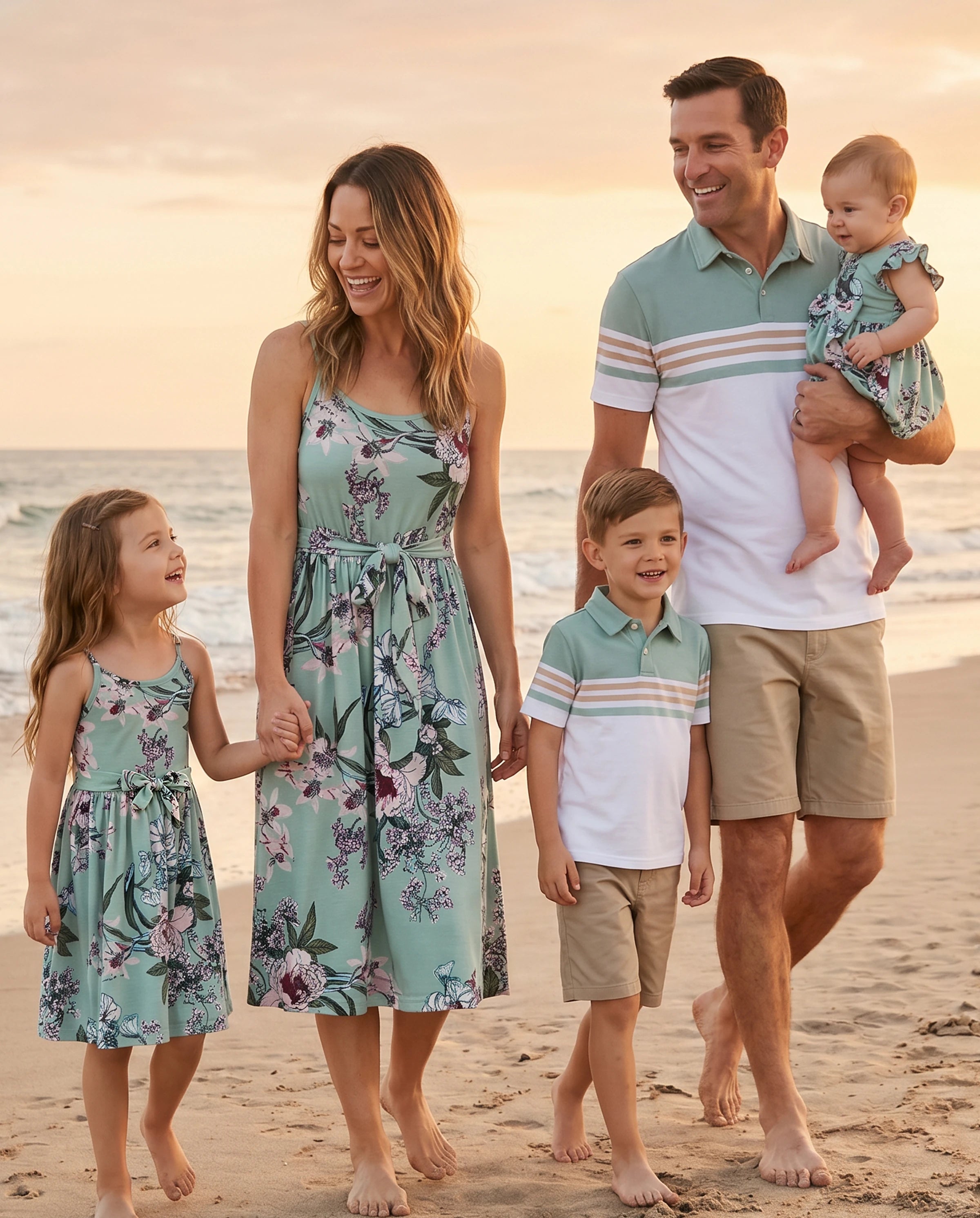 Family Matching Sets Green Striped Polo Shirt or Flora Print Strap Belted Dress Light Green