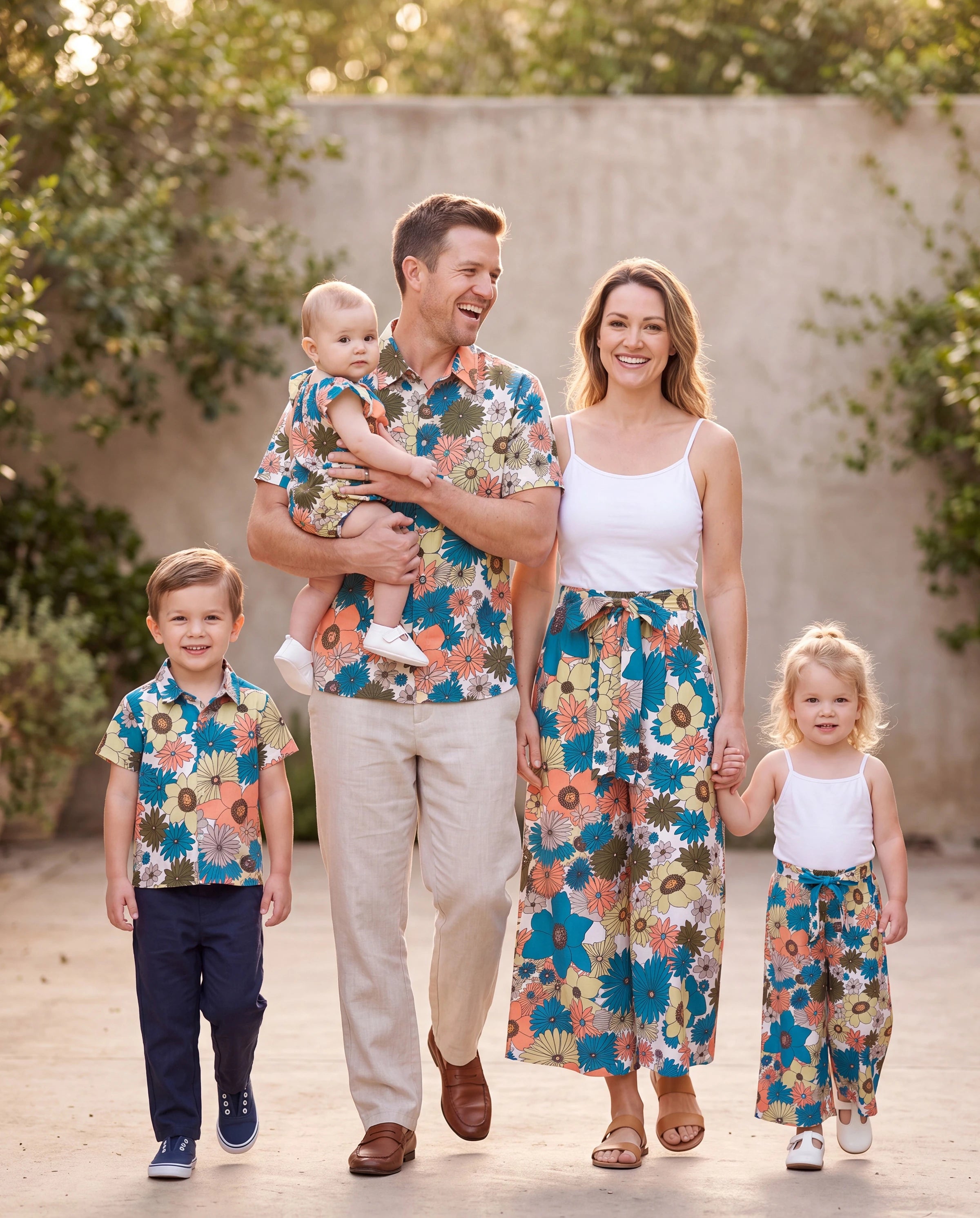 Family Matching Set Sun Flower Print Short-sleeve Collar Shirt or White Camisole Top and Flower Wide-leg Pants Set for Summer Vacation  Multi-color