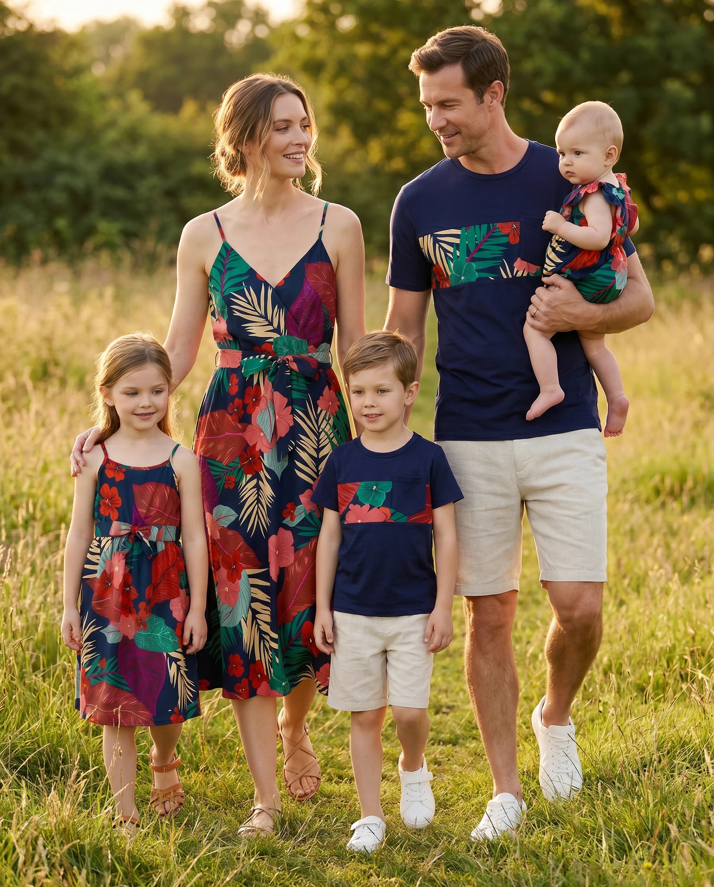 Family Matching Sets Floral Panel Black tee and V-neck Strap Dress with Hidden Snap Deep Blue