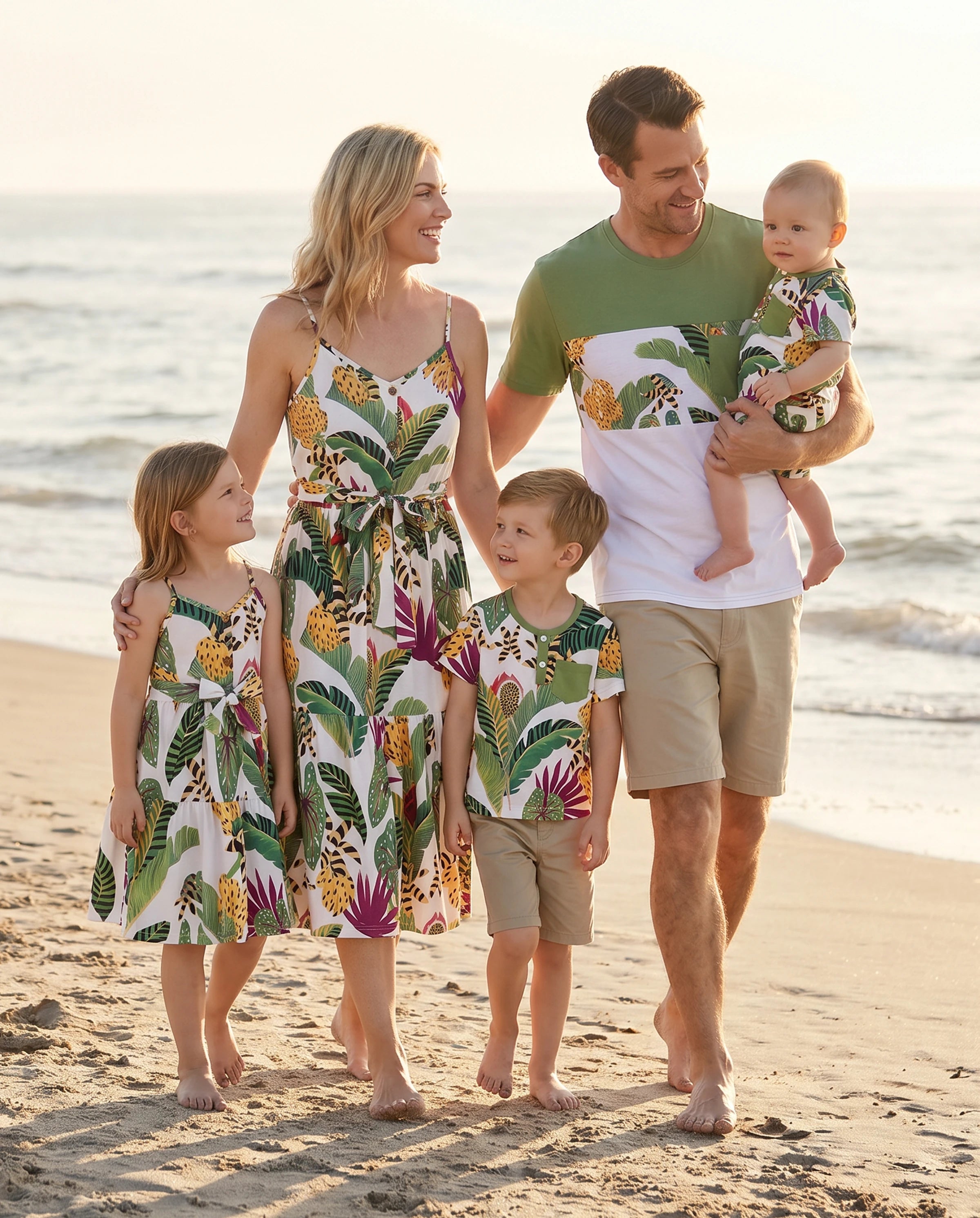 Family Matching Tropical Floral Print Short-sleeve Top or Camisole Dress Set Multi-color
