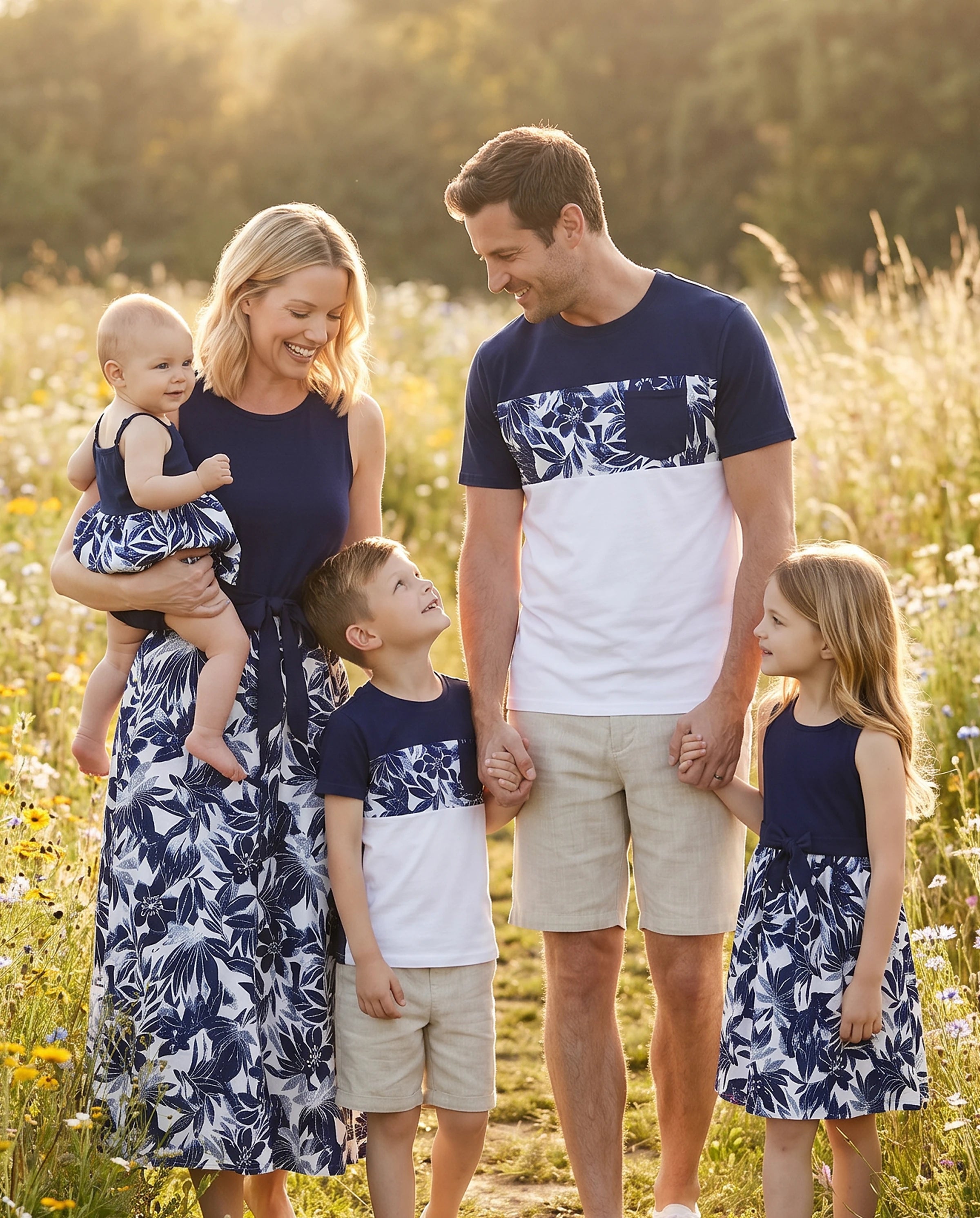 Family Matching Cotton Tee Flora Print Splicing Shirt or Tank Dress Deep Blue