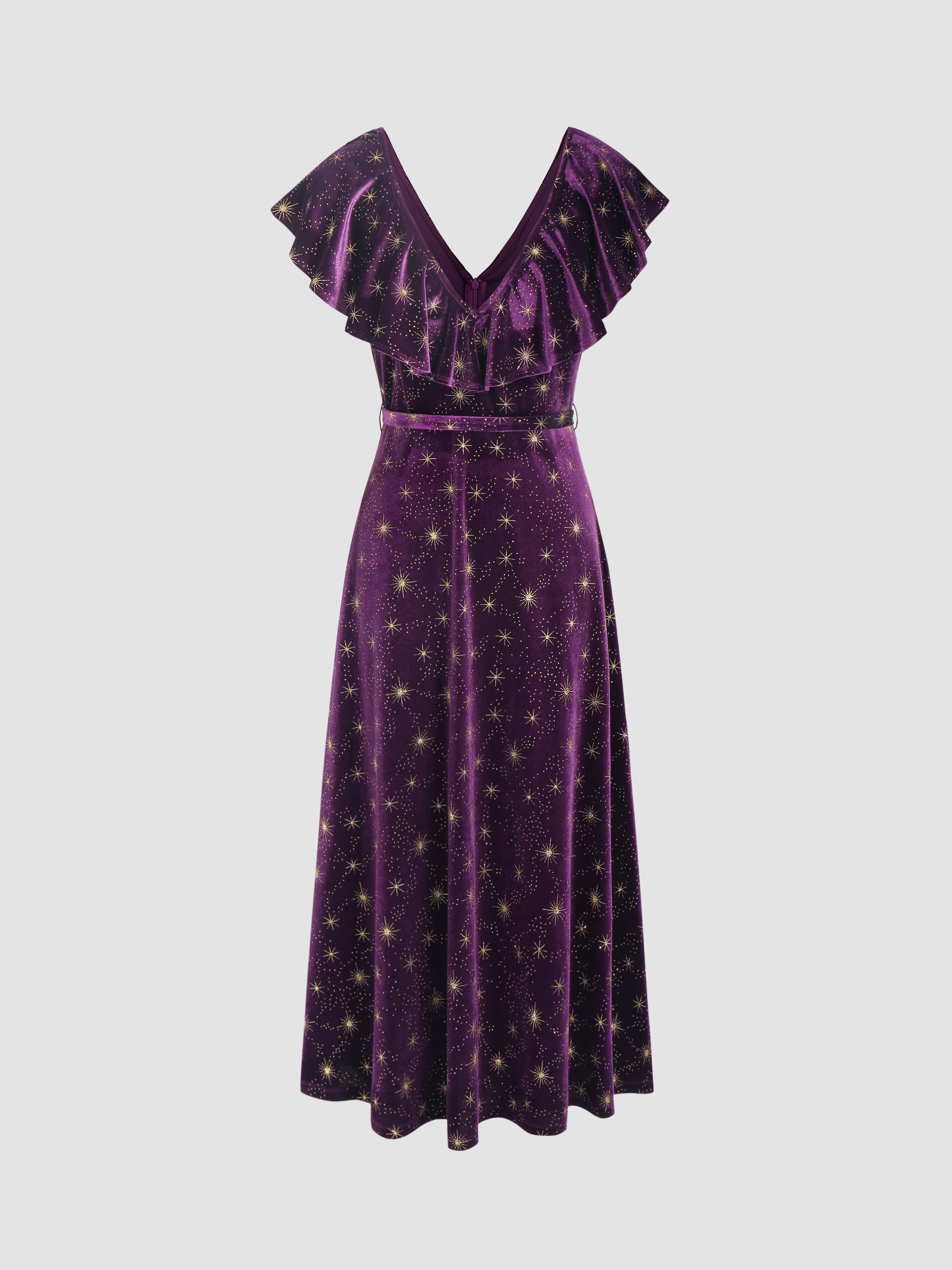Velvet V-neck Star Ruffle Tie Back Midi Dress — Purple