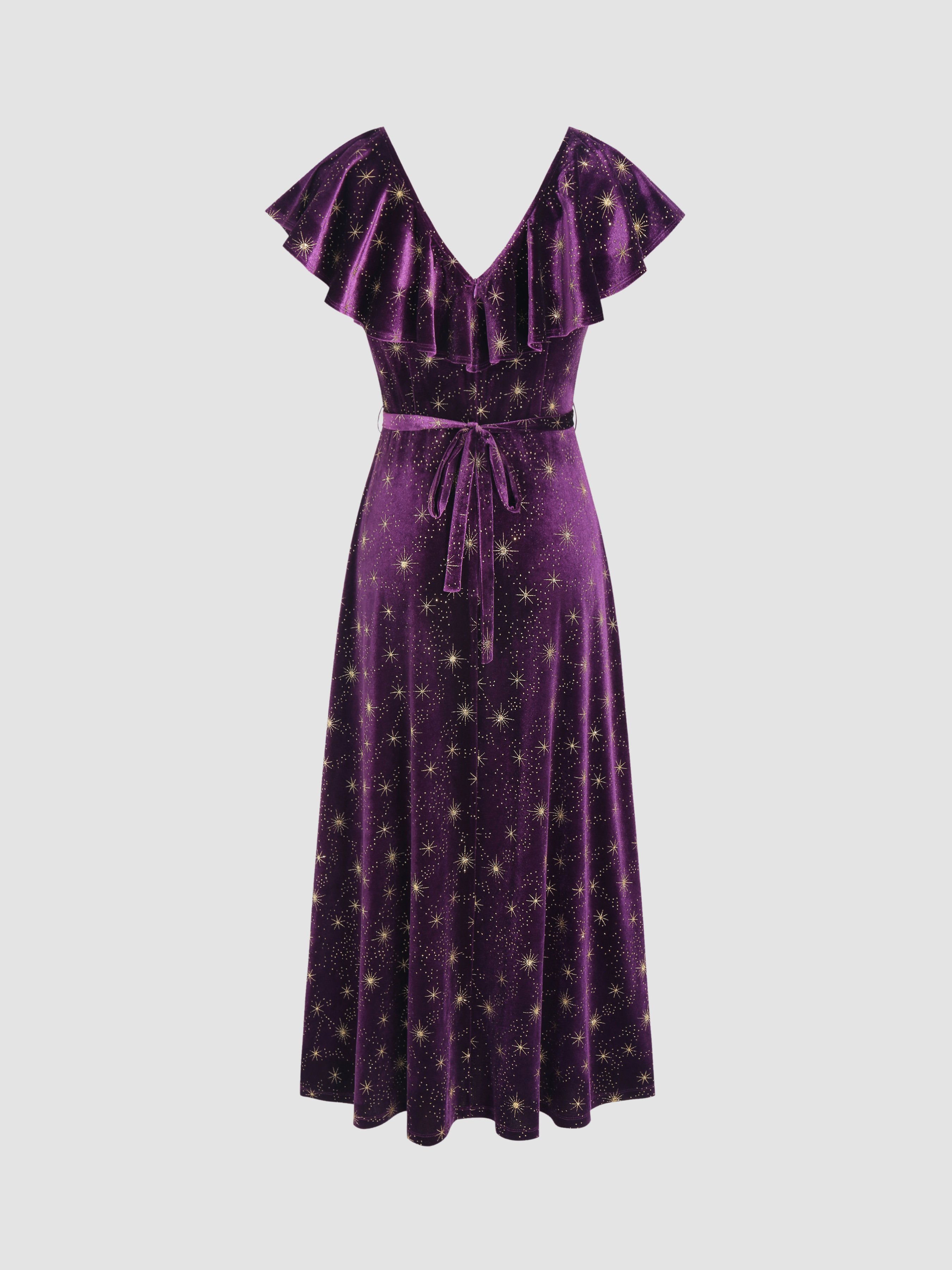 Velvet V-neck Star Ruffle Tie Back Midi Dress — Purple