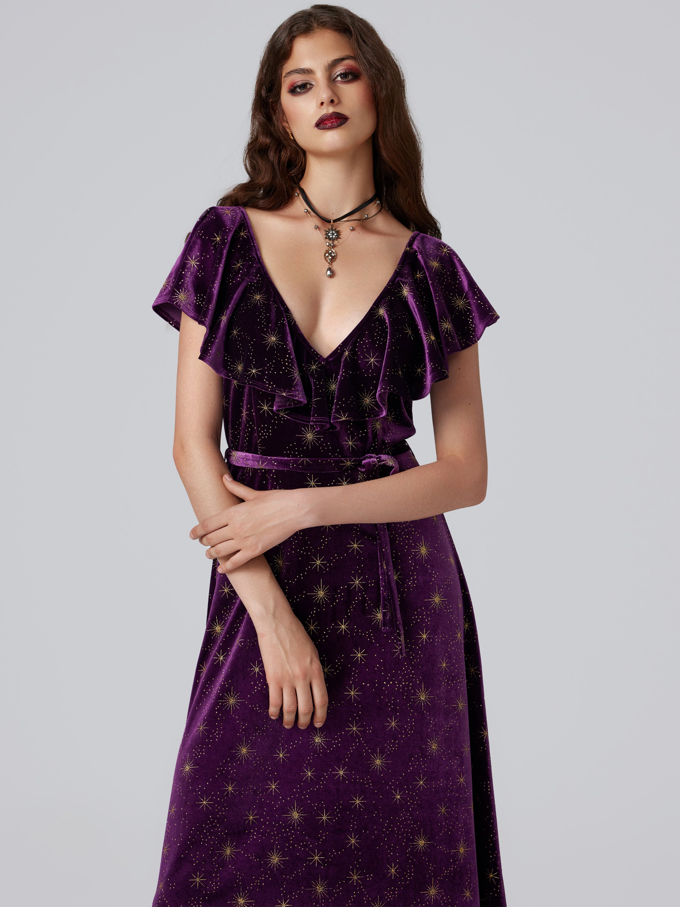Velvet V-neck Star Ruffle Tie Back Midi Dress — Purple