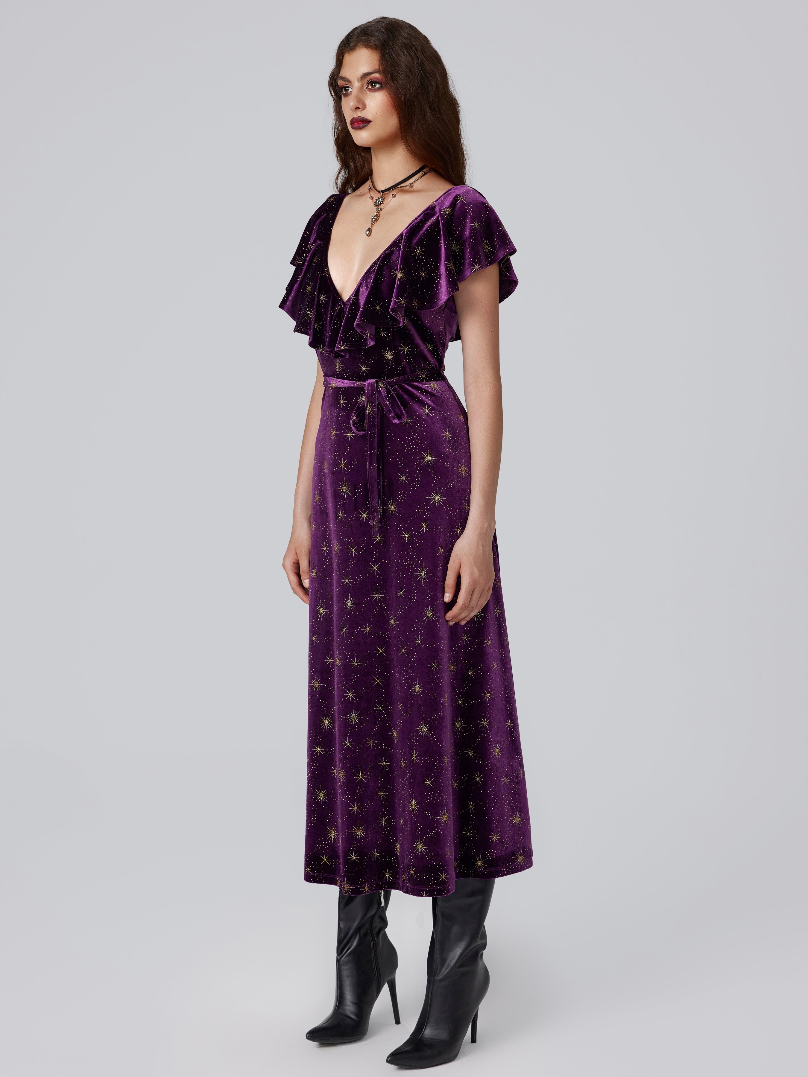 Velvet V-neck Star Ruffle Tie Back Midi Dress — Purple