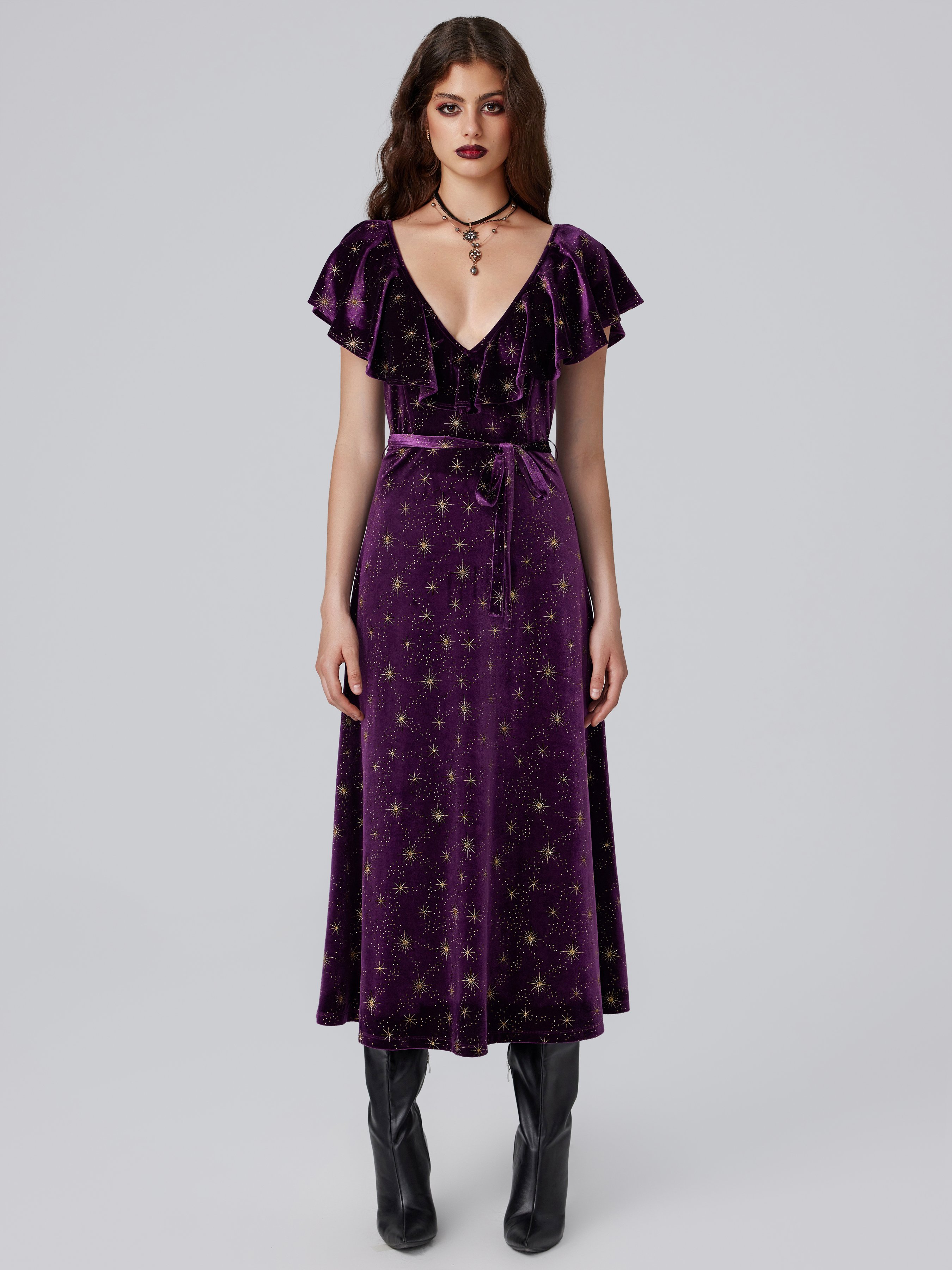 Velvet V-neck Star Ruffle Tie Back Midi Dress — Purple