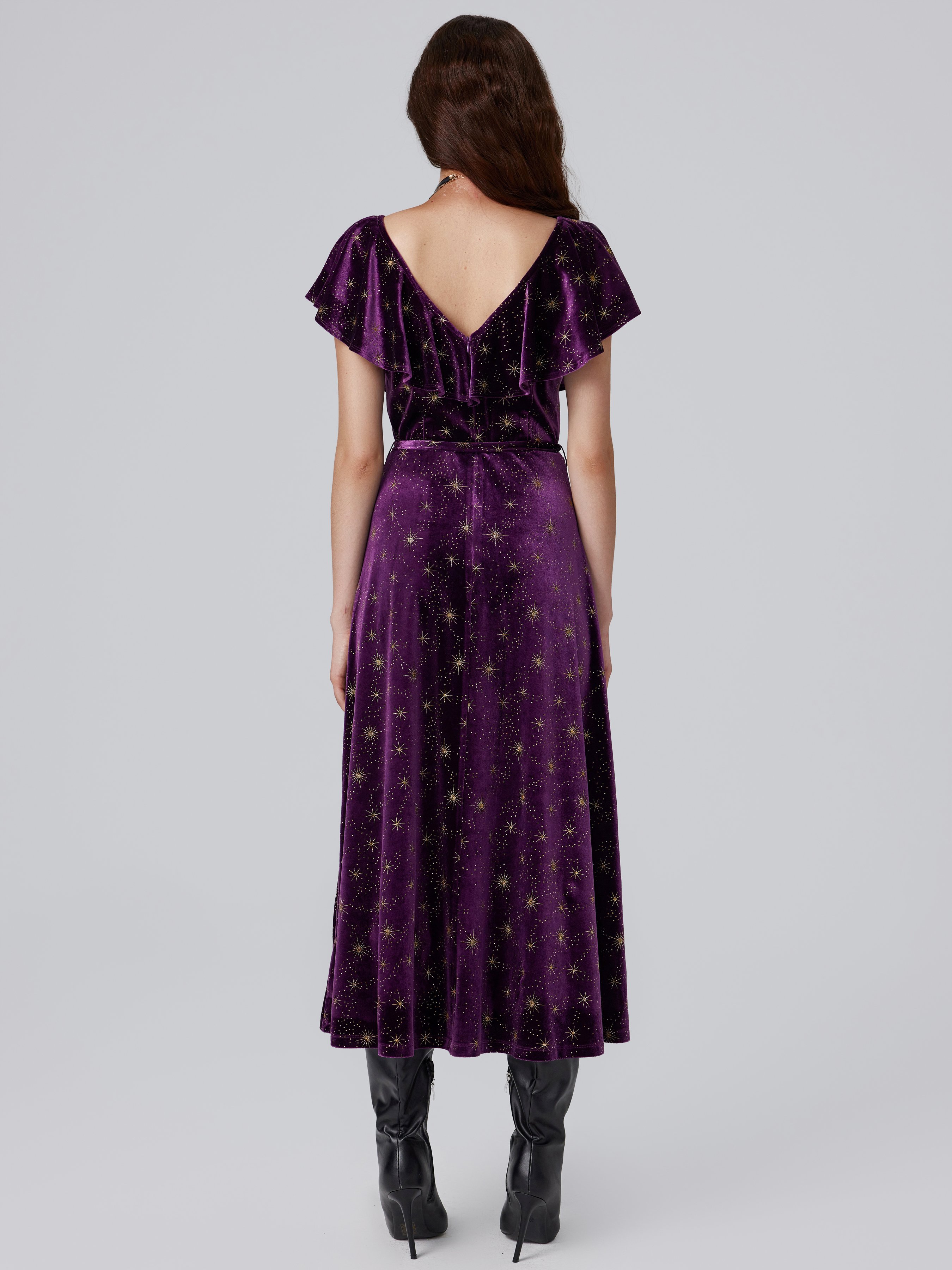 Velvet V-neck Star Ruffle Tie Back Midi Dress — Purple
