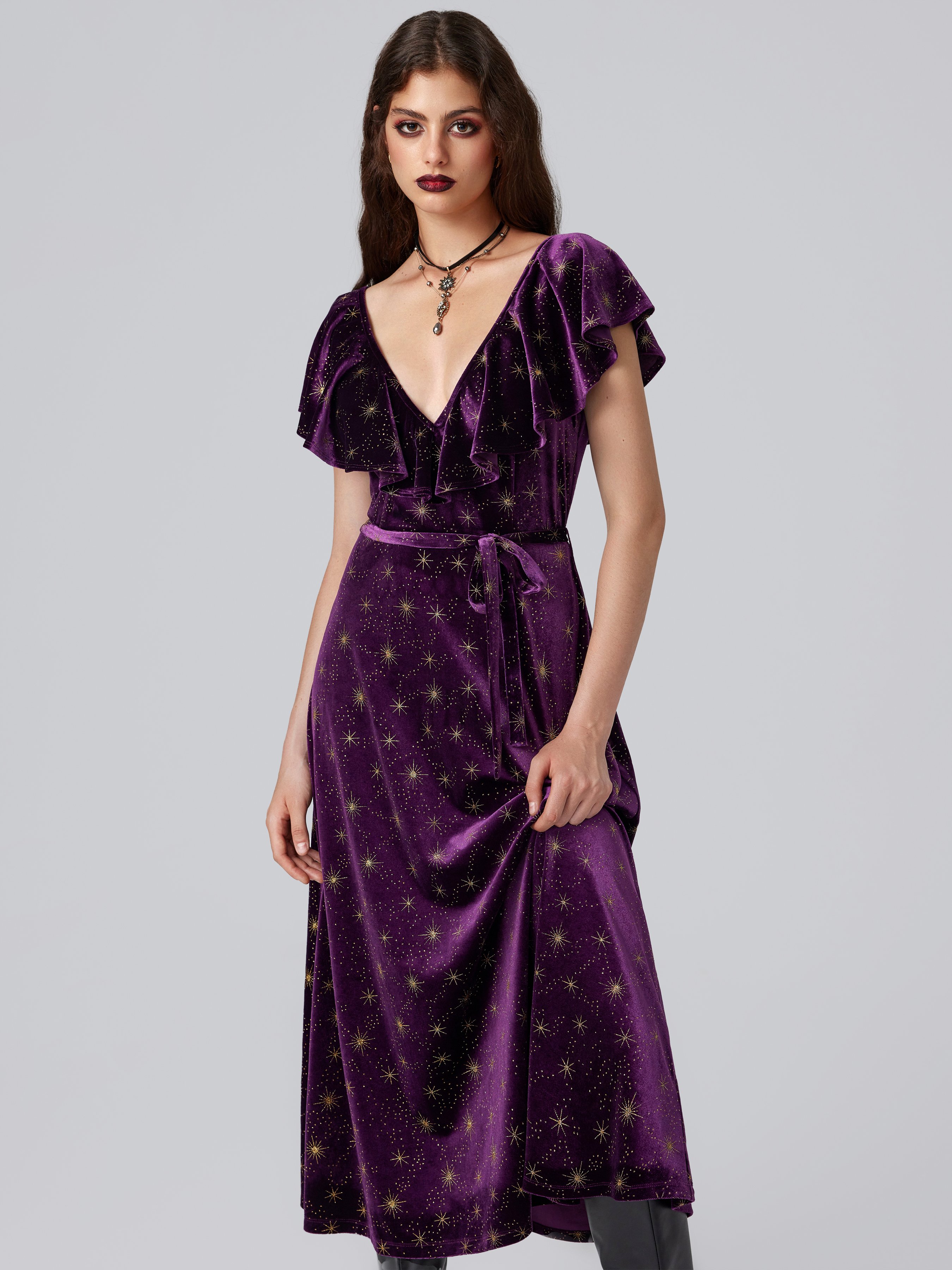 Velvet V-neck Star Ruffle Tie Back Midi Dress — Purple
