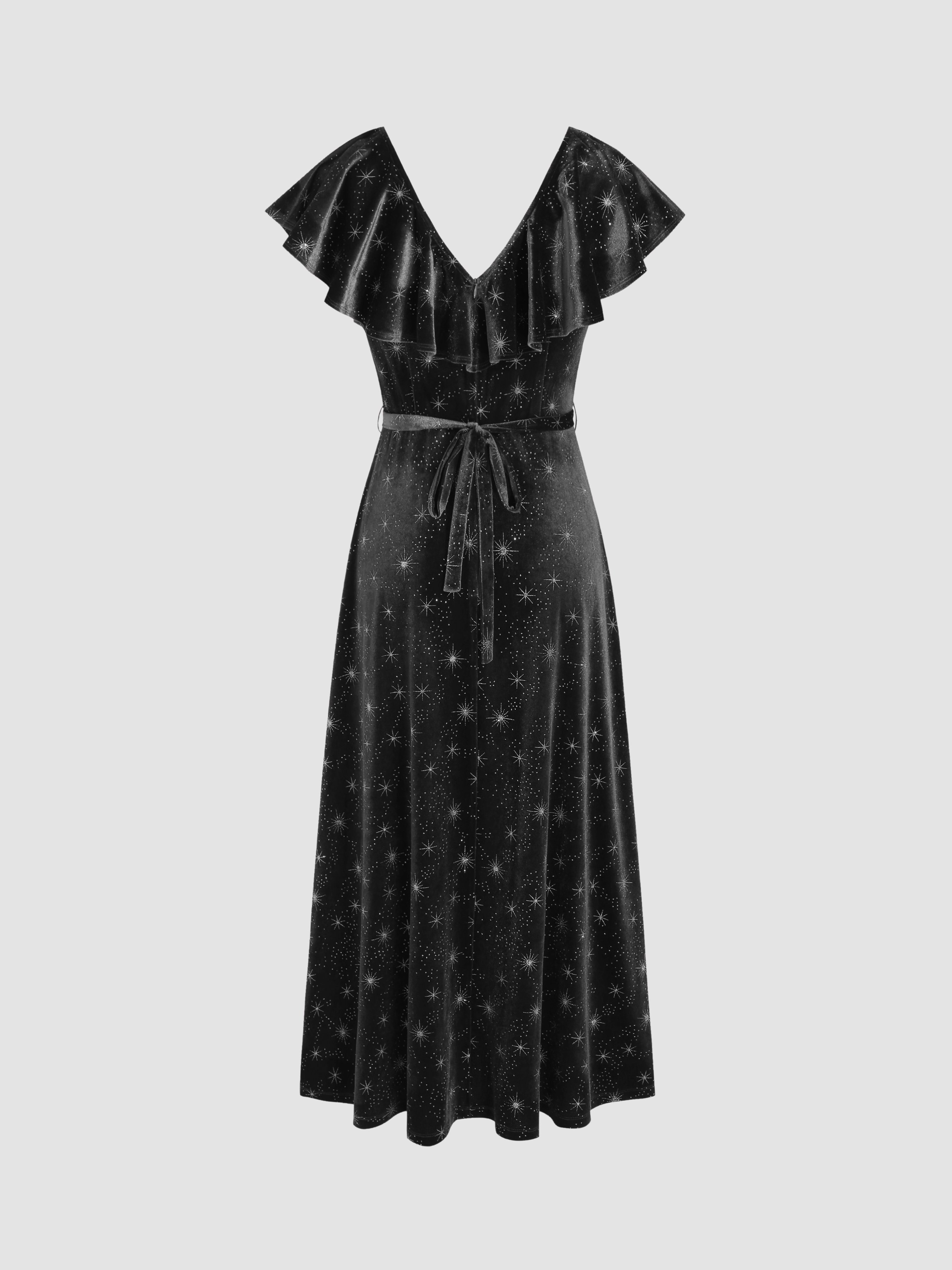 Velvet V-neck Star Ruffle Tie Back Midi Dress — Black