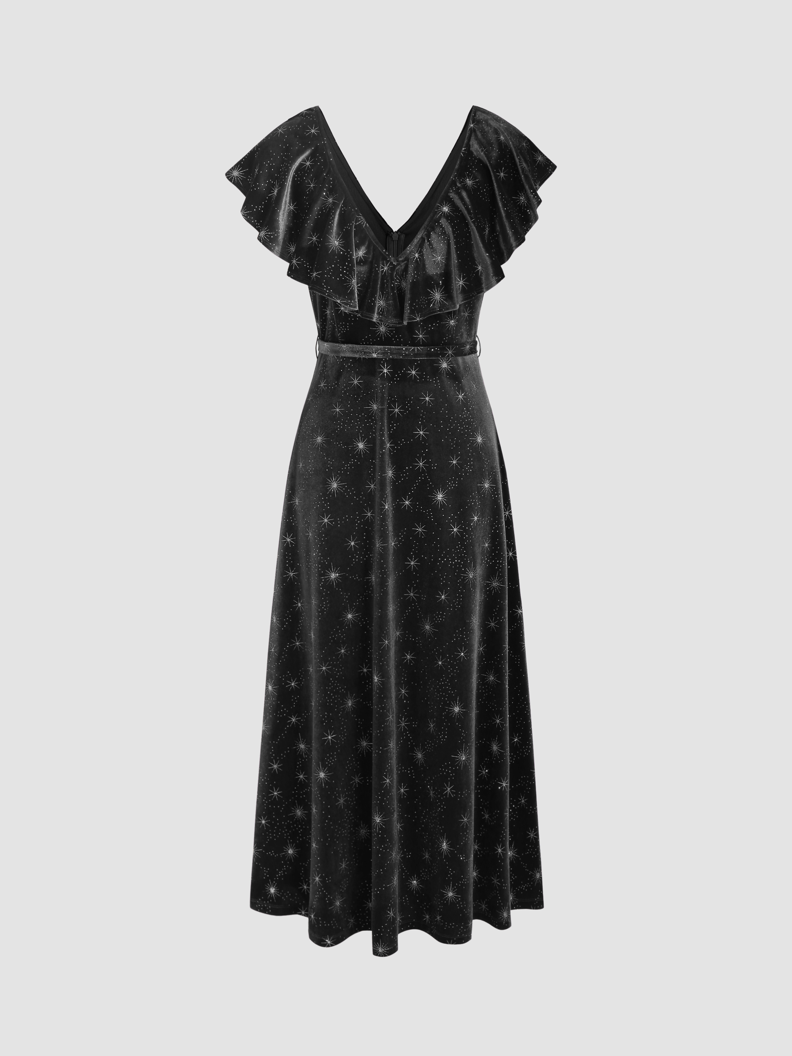 Velvet V-neck Star Ruffle Tie Back Midi Dress — Black